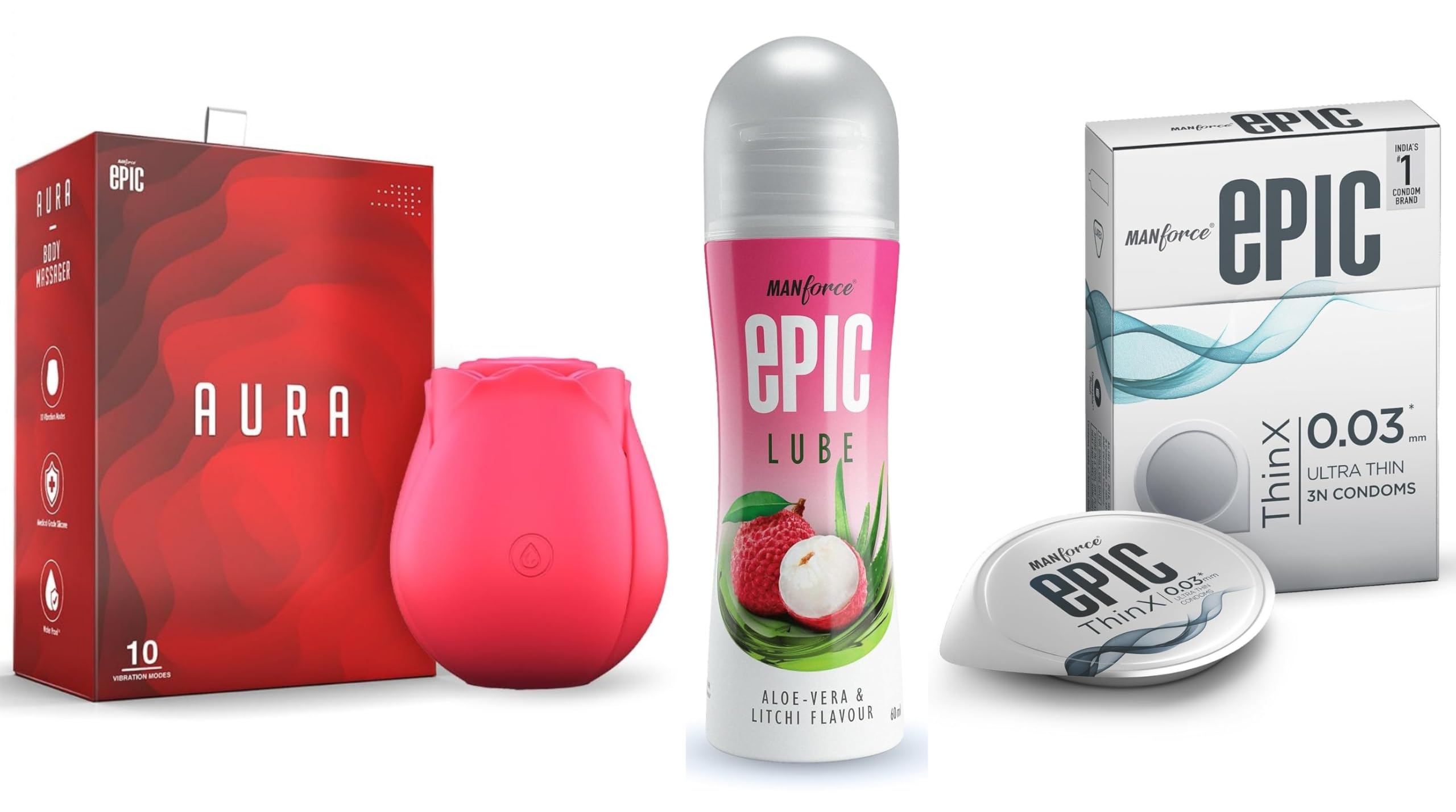 Manforce Epic Aura Massager | 10 Vibration Modes,Epic Lube | Aloe Vera & Litchi | 60ml | Water-based & Epic ThinX | Ultra Thin Condoms with Easy Peel Pack | 3 Pcs-image-47
