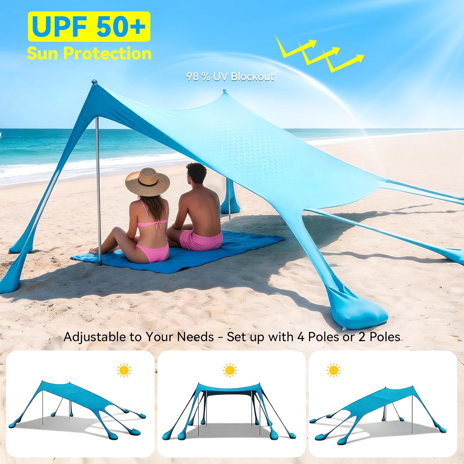 Beach Tent Sun Shelter - 10x10FT Beach Shade Canopy UPF50+ Protection Easy Setup, with 8 Sandbags, 4 Stability Poles, Sand Shovel, Ground Spikes, Outdoor Shade for Sand, Camping, Fishing