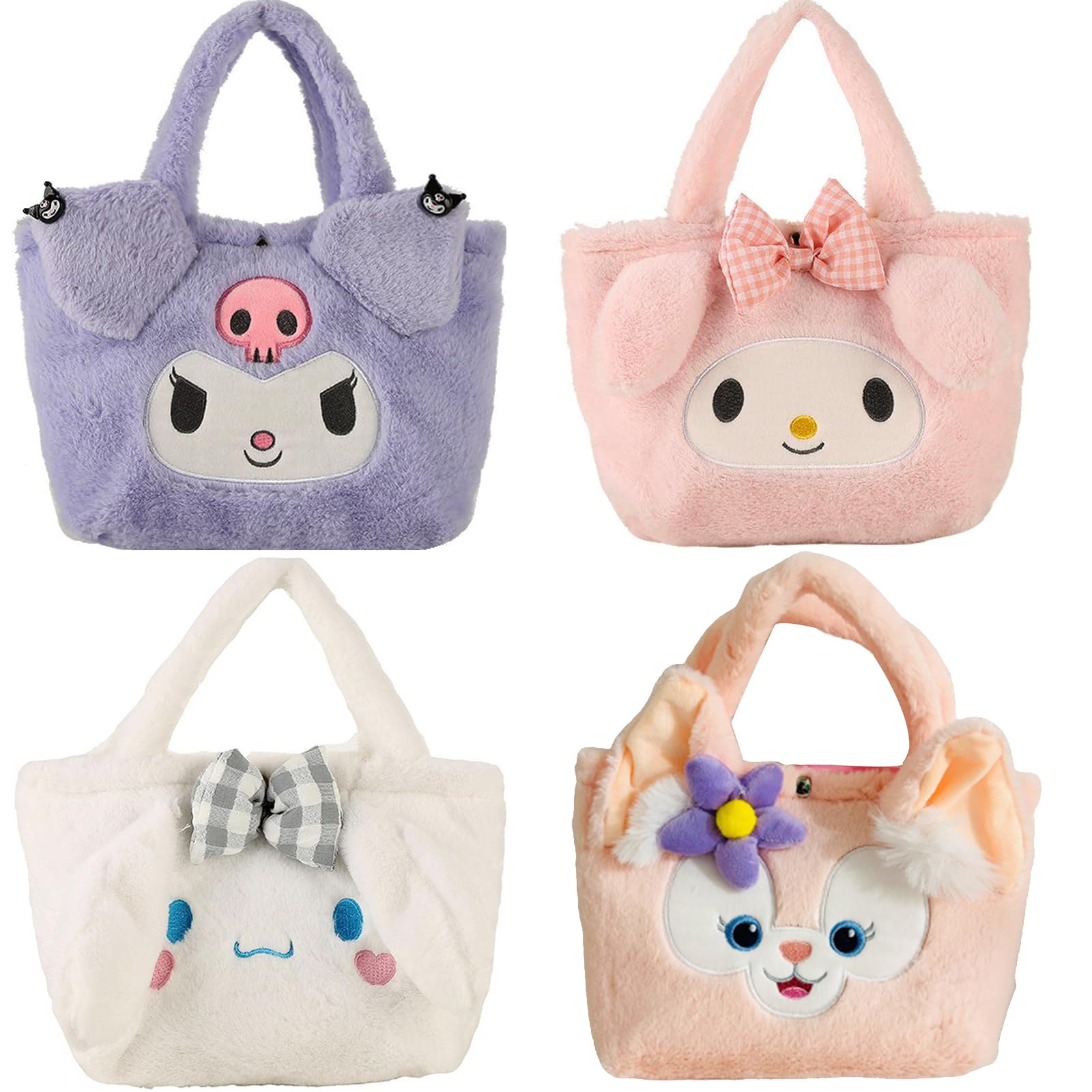 VUCATIN Kawaii Sanrio Cinnamoroll Plush Bag Cute Anime My Melody Plush Handbags Kuromi Kt Cat Purin Dog Plushie Backpack for Girls Kids (4pcs)