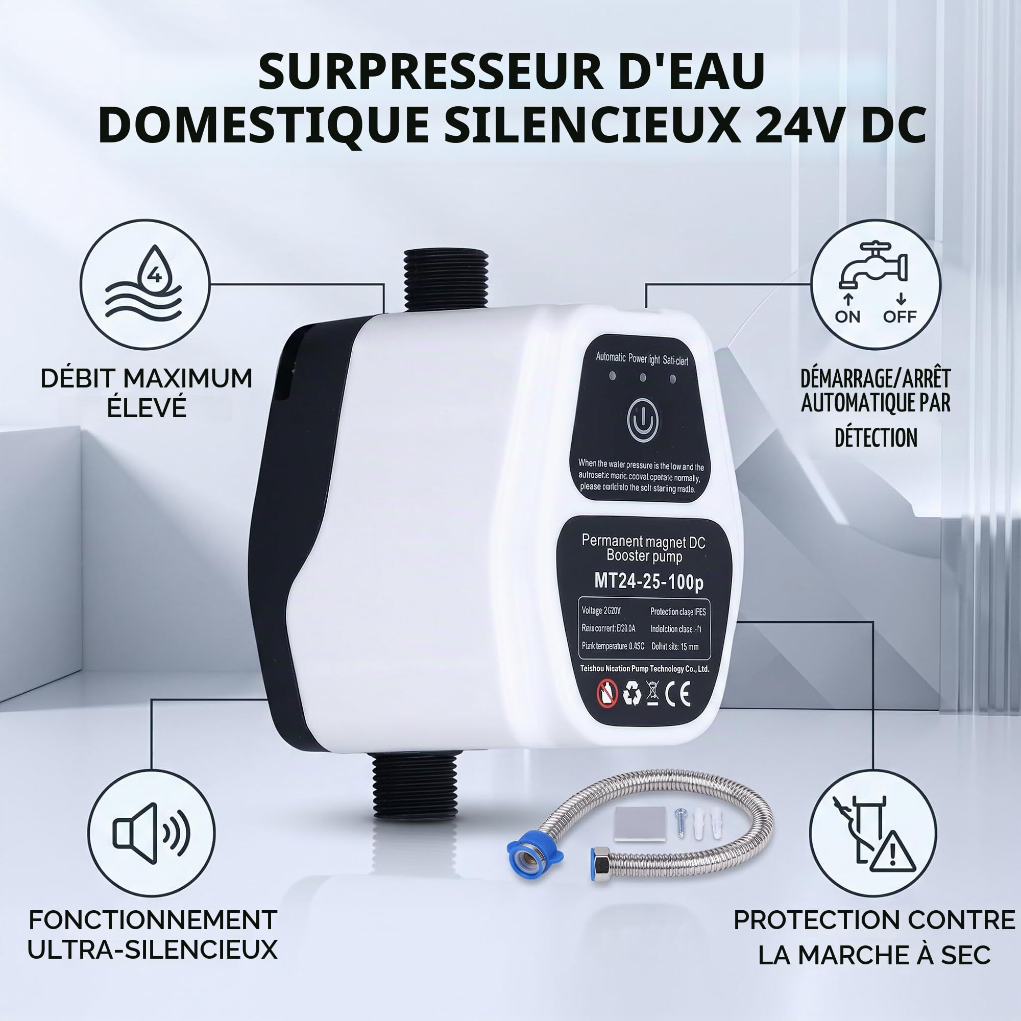 Pompe surpression automatique 100W 24V DC 25L/min avec protection antigel et détection de débit pour maison et camping