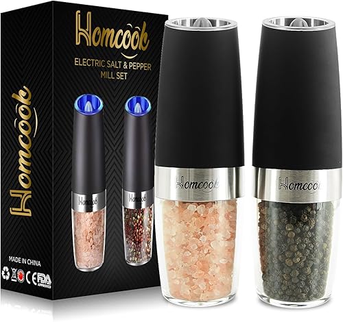 Gravity - Juego de molinillo eléctrico de sal y pimienta, molino automático a pilas, agitadores de grosor ajustable, recipiente transparente, luces