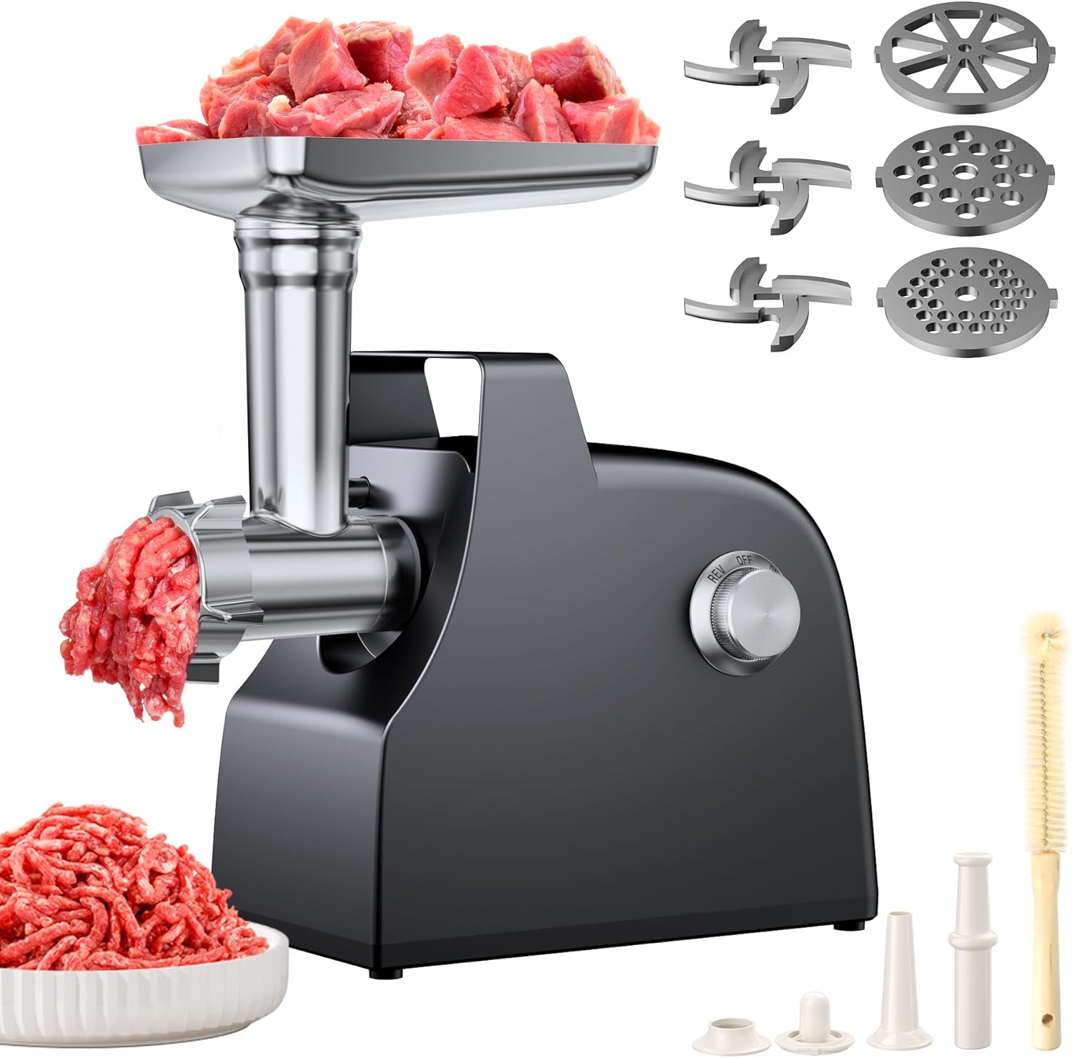 Upgraded Electric Meat Grinder, 3000W Max Home Kitchen Meat Grinder with Handle, Heavy Duty with 3 Blades and 3 Grinder Plates, Sausage Stuffer Tubes & Kubbe Kit, Black