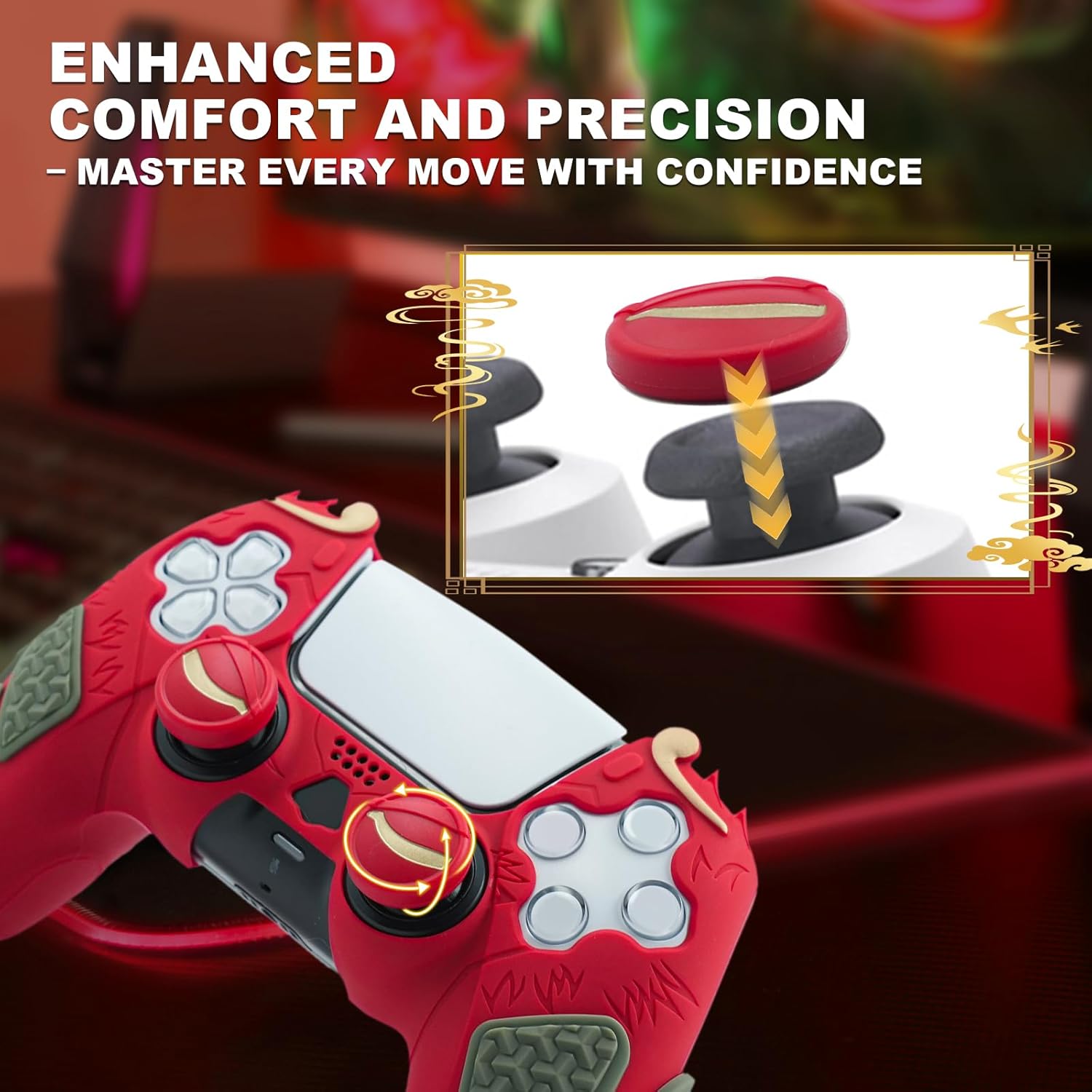 Grip Cover for PS5 Controller, Wukong-Inspired Ergonomic Silicone Cover with Fiery Eyes Joystick Caps, Chainmail Grip Design & Somersault Cloud Back (Red) - Image 5