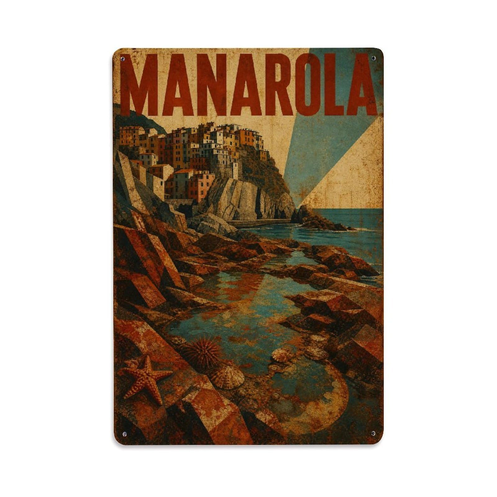 Huiyhb 8X12inch(20X30cm) Vintage Travel Manarola Rocky Shore Tide Pools Italy Metal Tin Sign