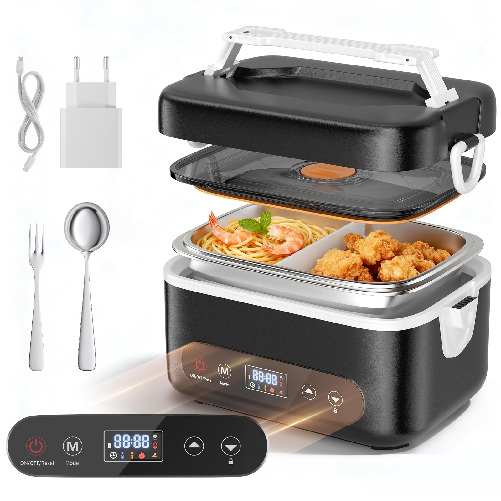 Contenitore Pranzo Elettrico Ricaricabile Wireless - 1 Litro, Batteria 16000 MAh, Riscaldamento Regolabile, 3 Scomparti, Per Lavoro E Viaggi