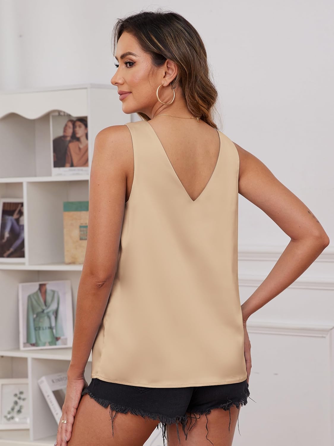 Mawor Satin Tank Tops for Women Loose Fit Sleeveless V Neck Cami Camisole Blouses Shirt Top - Image 3