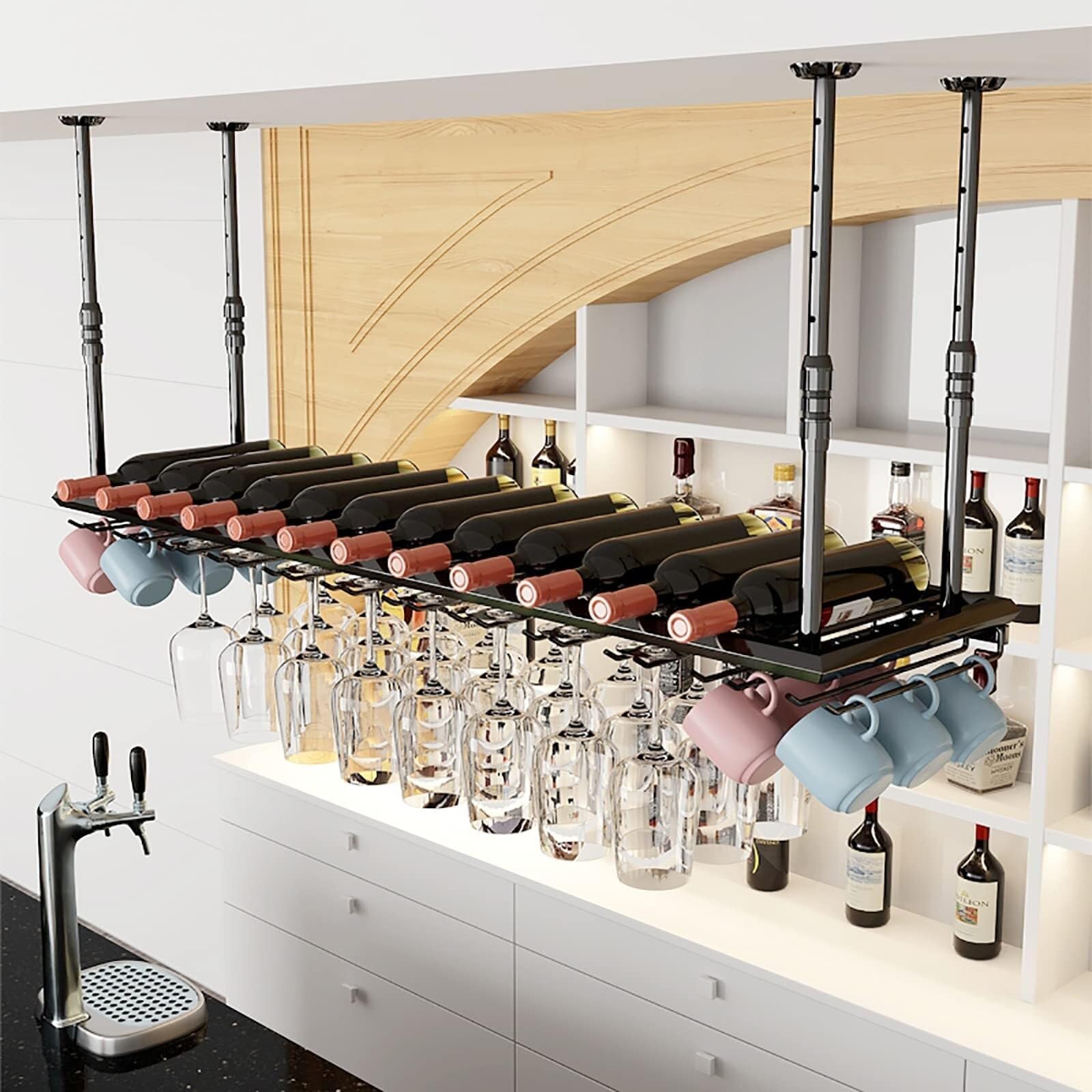 Casier à vin noir Ceig suspendu pour cuisine et bar avec porte-verres vintage