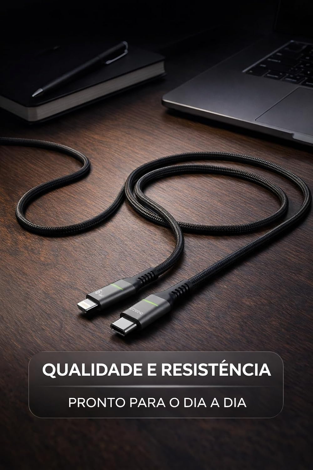 Cabo USB-C para Lightning 30W Carregamento Rápido PD 2 Metros, Nylon Trançado Reforçado, LED Indicador, Compatível com i.Phone e i.Pad, Cabo Turbo Resistente