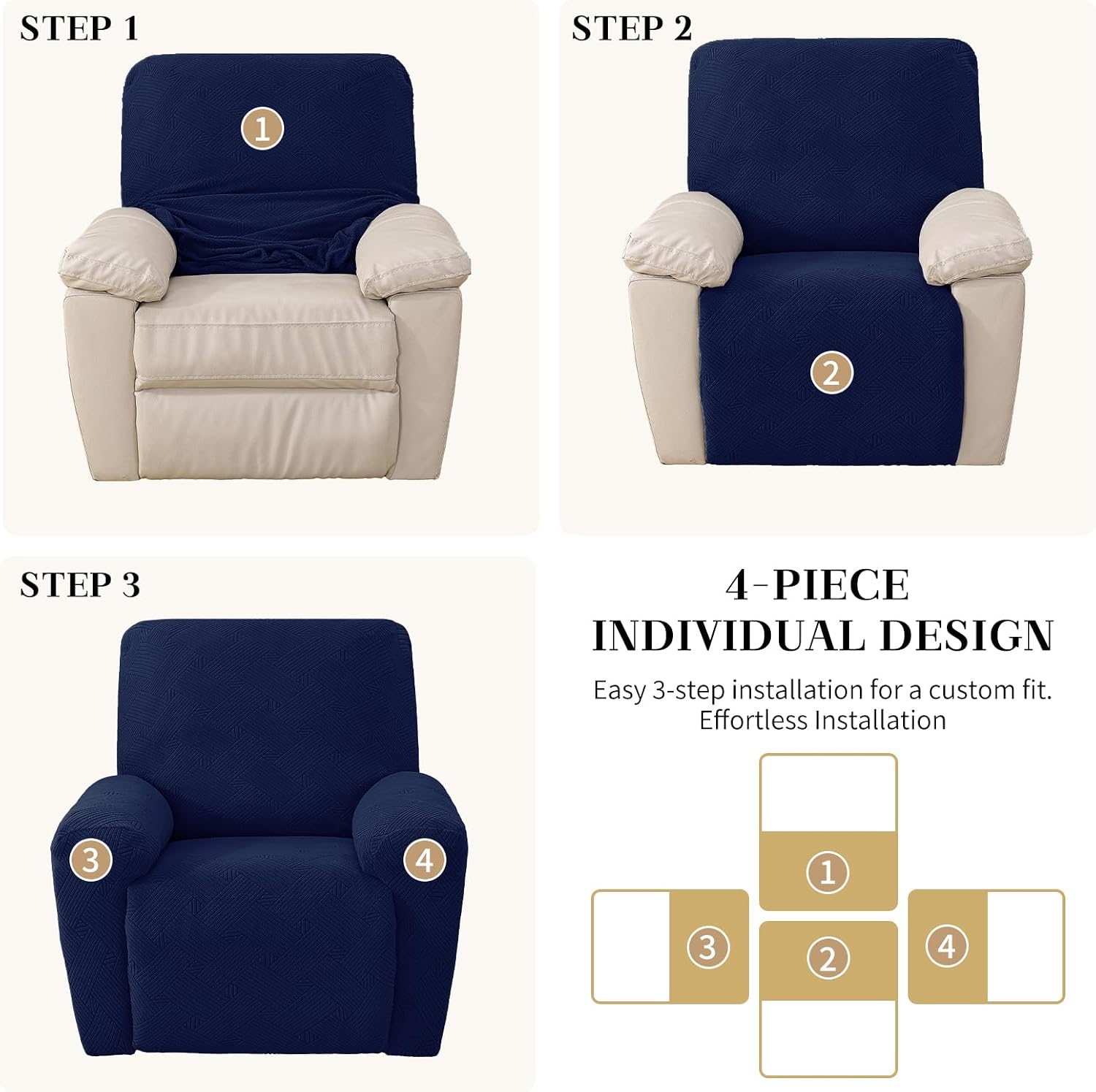 XINEAGE Stretch Recliner Chair Covers, 3-Pieces Stretch Recliner Covers with Storage Pockets Washable Reclining Chair Slipcover Furniture Protector with Elastic Bottom for Dog,Kids(Standard,Navy Blue)