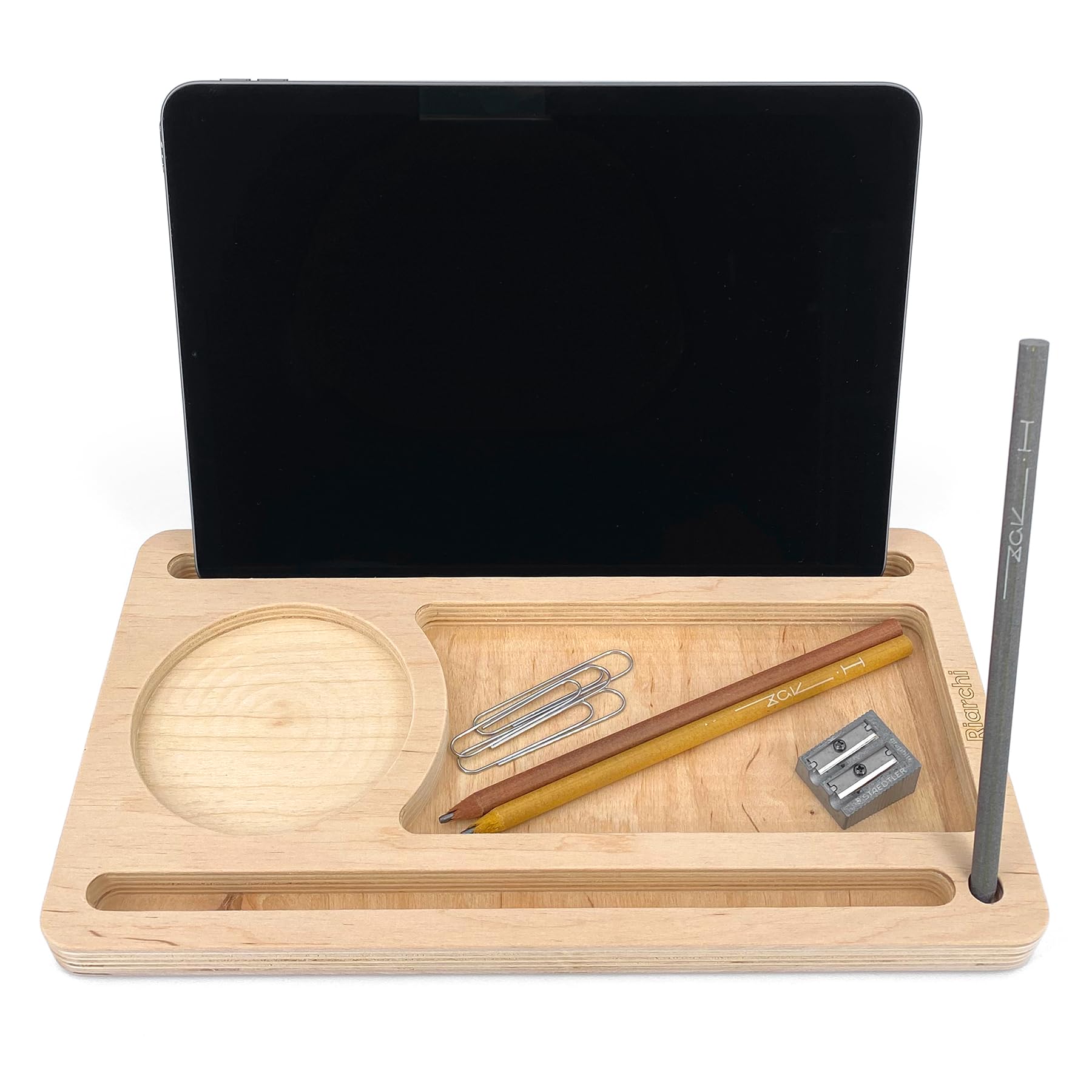 Riarchi PAD - Desk organizer, Portaoggetti Multifunzionale in Legno, Portapenne da Scrivania, Organizzatore Cancelleria, Pad - Phone, Tablet & Smartphone Stand, Arredo Ufficio (Natural Wood)