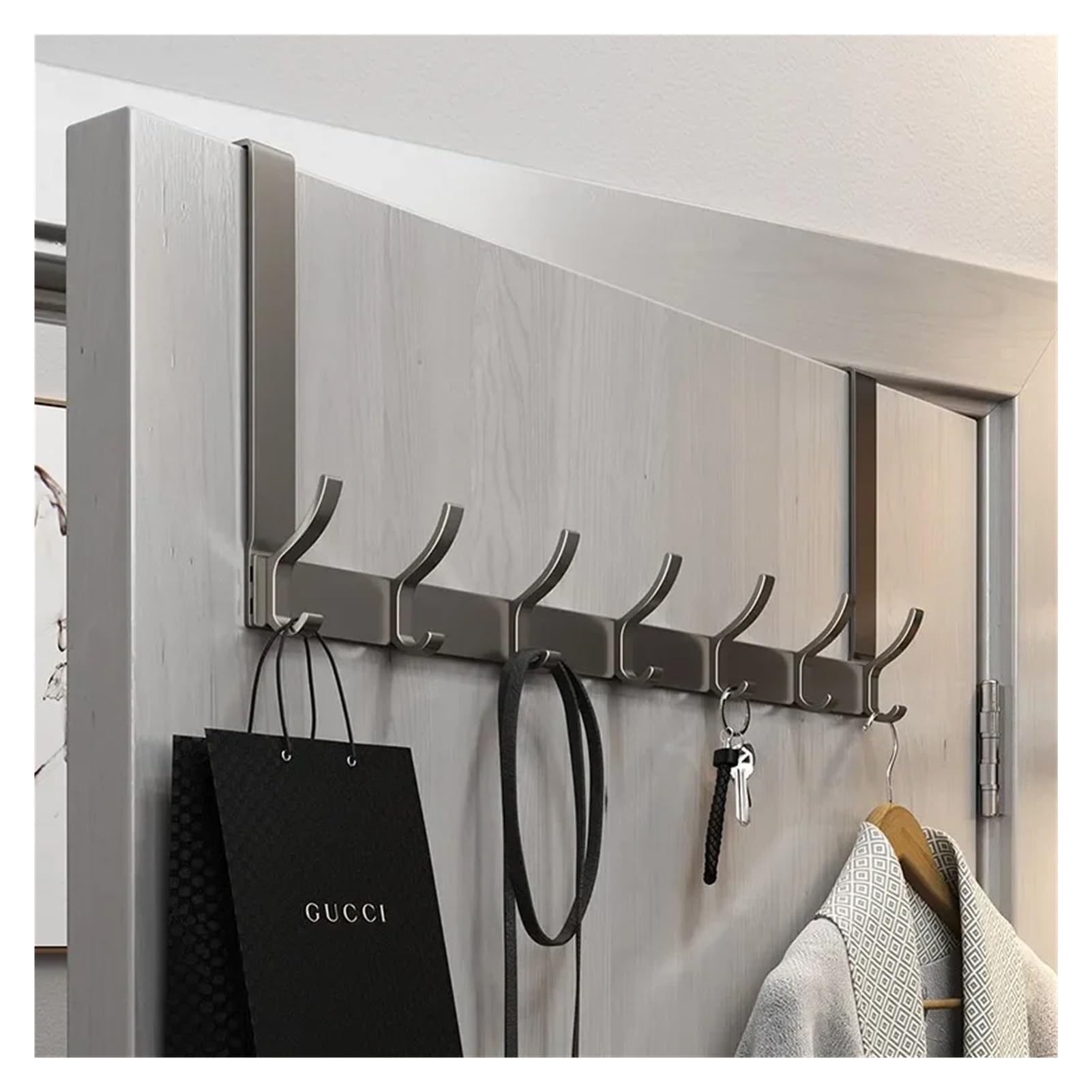 Ganchos para colgar sobre la puerta, organizador del hogar, perchero, ropa, sombrero, toalla, accesorios de baño, soporte para colgar en la puerta, instalación rápida (gris, 7 ganchos)
