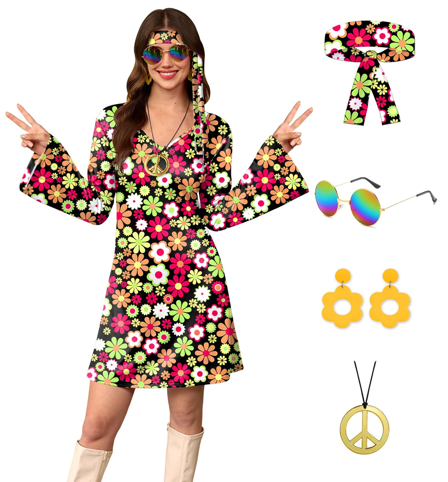 For G and PL Womens Summer 60s 70s Hippie Flare Sleeve Costume Party Dress Peace Sign Accessories Black XXL