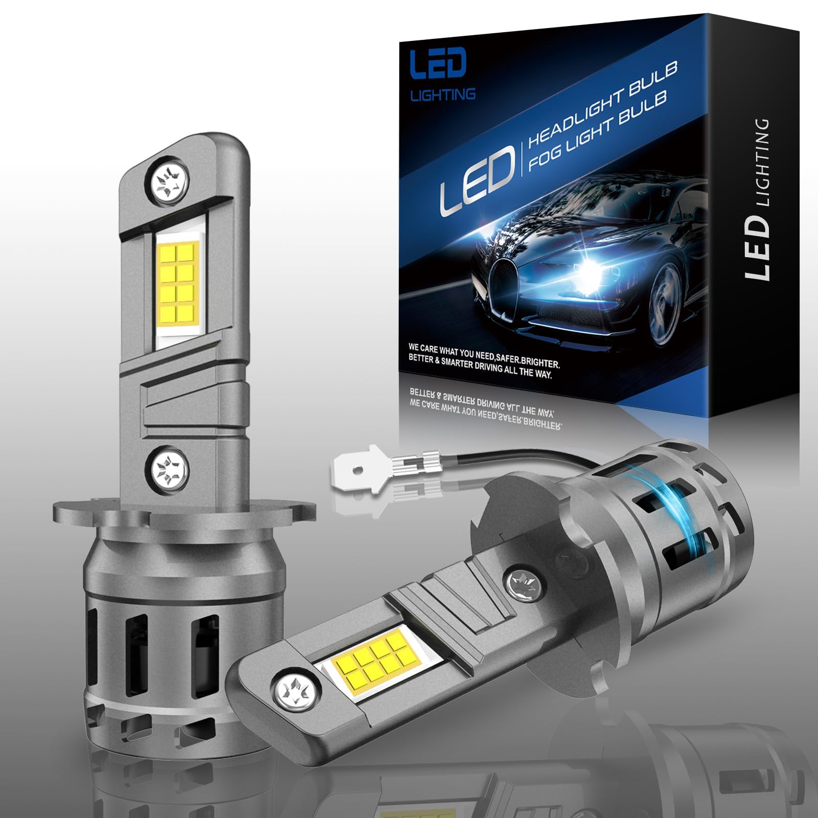 AUXIRACER H3 LED Lampadina Senza Polarità, 16000LM 80W 6500K Bianco Xenon 500% Luminoso, Fari Auto e Moto, Sostituzione Alogena per Abbaglianti e Anabbaglianti, IP68, 2 Pezzi