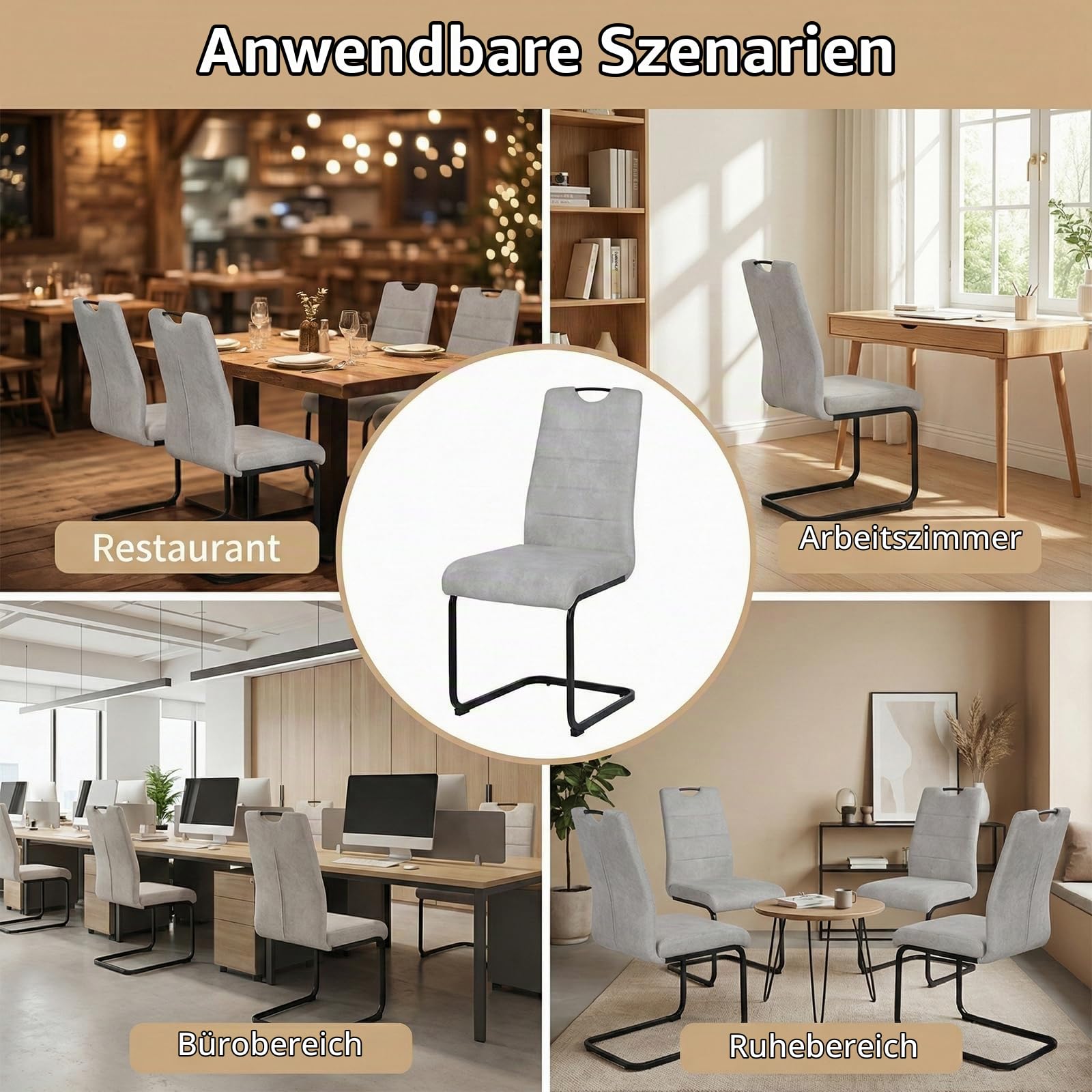 JIEXI Esszimmerstühle 4er Set, Freischwinger Schwingstuhl, Hohe Rückenlehne, Wohnzimmerstuhl 150kg belastbar, Moderner Designstuhl für Esszimmer Küche, Grau