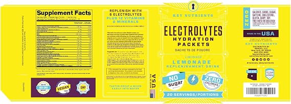 KEY NUTRIENTS Electrolytes Powder Packets 20 Pack - No Sugar, Refreshing Lemonade, Hydration Packets with Electrolyte Powder for Refreshing Electrolyte Drink Mix Packets - Zero Calories