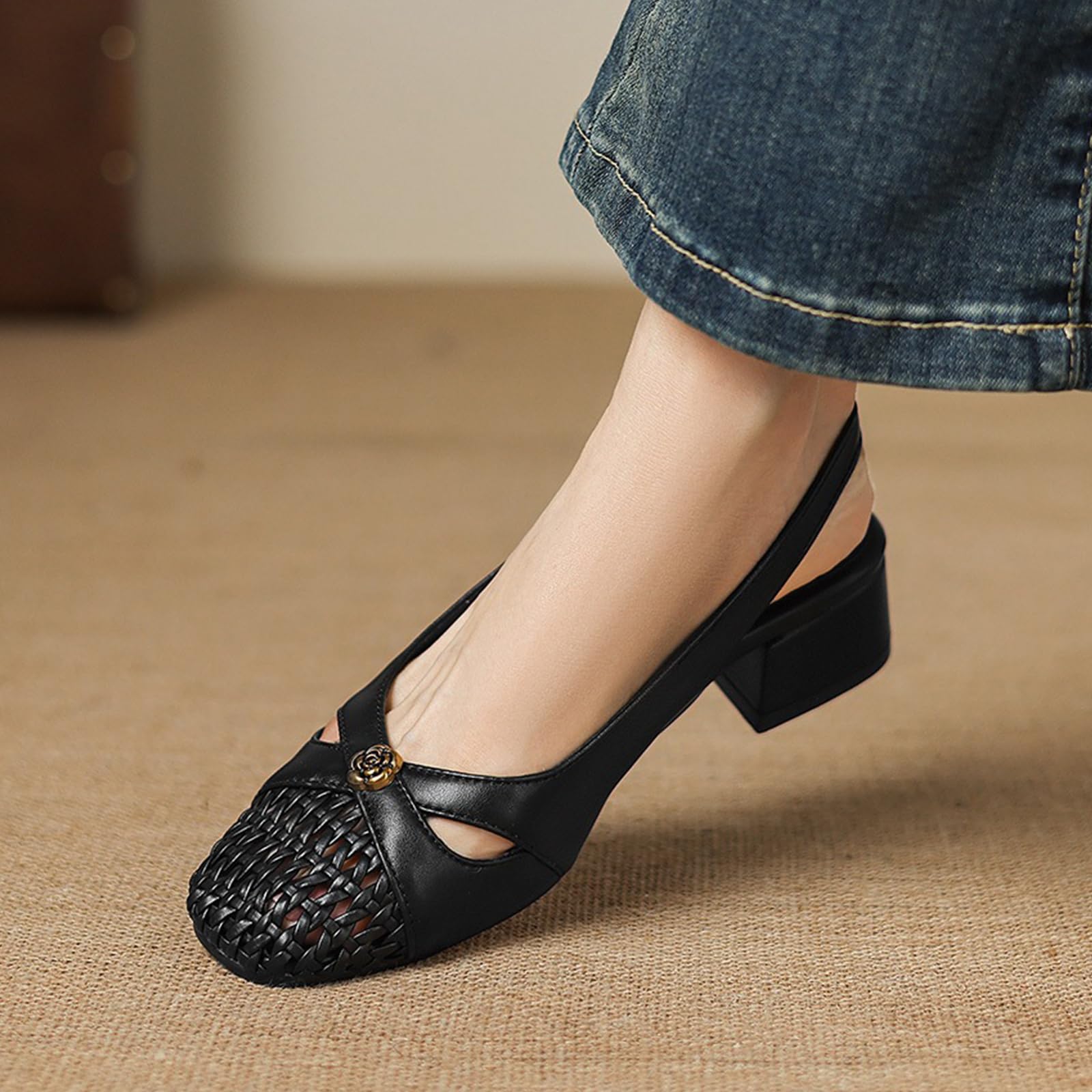 Sandalias Destalonadas Mujer Punta Cerrada Trenzadas Punta Cuadrada Tacón | Empeine Trenzado Suave, Punta Cuadrada, Correa Hebilla Ajustable, Tacón Bloque Estable 3.5cm