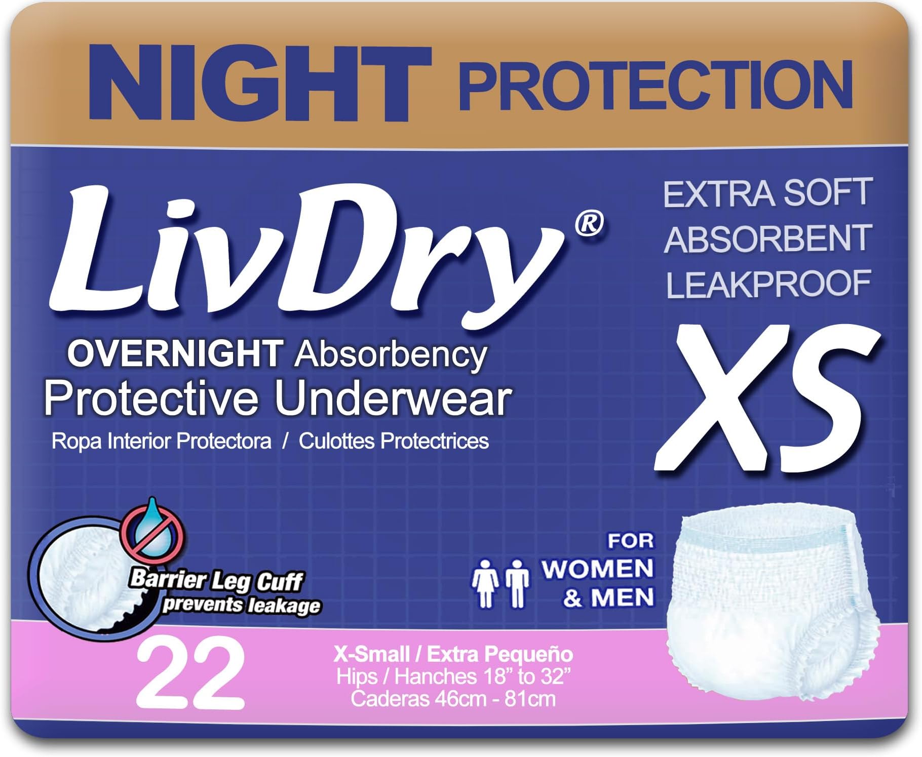 - Adult XS Incontinence Underwear, Overnight Comfort Absorbency, Leak Protection, X-Small, 22-Pack