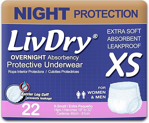 LivDry Ropa interior para incontinencia XS para adultos, absorción de comodidad durante la noche, protección contra fugas, talla XS, paquete de 22