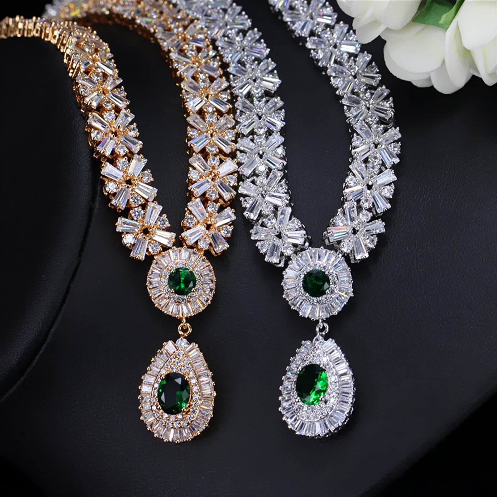 Joyería Color Oro Amarillo Cuentas de circonia cúbica Verde Conjuntos de Joyas de Boda para Novias de Boda