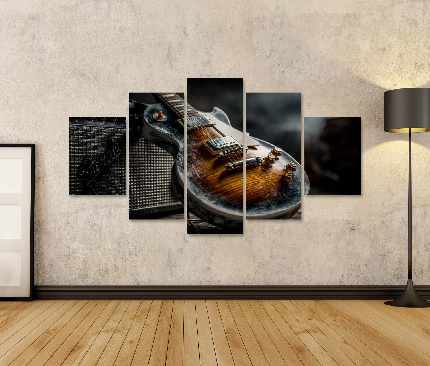 islandburner Tableau sur toile Guitare électrique rock avec amplificateur vintage pour les fans de musique dans le salon - 5 pièces