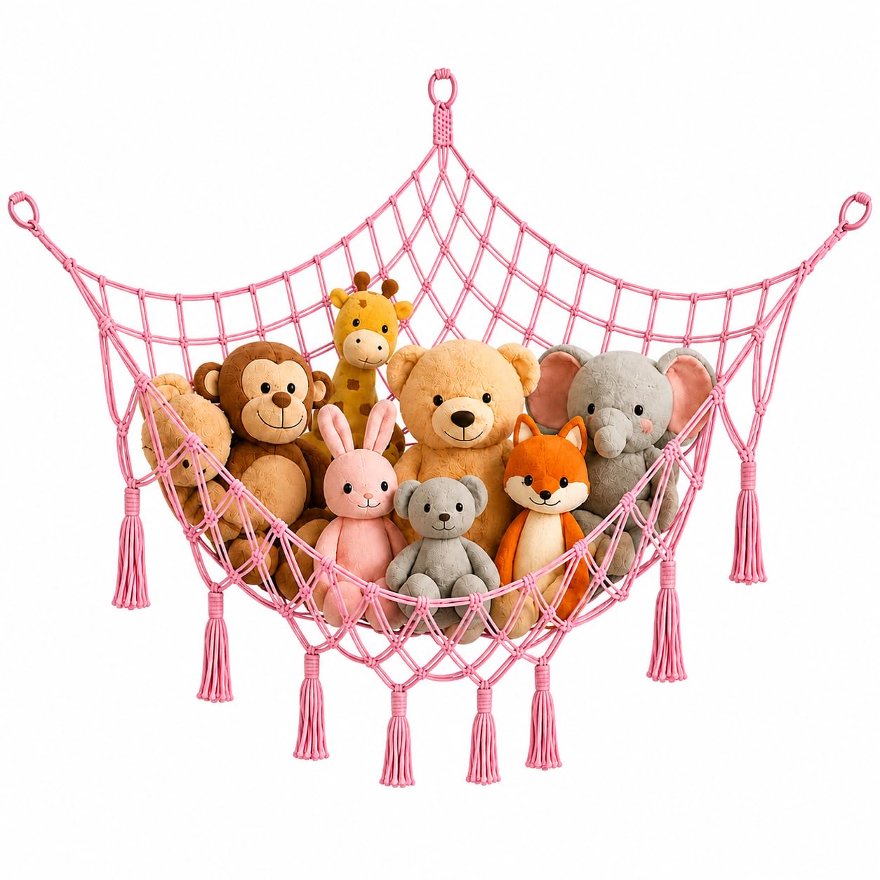 Stuffed Animal Hammock (Pink) | Macrame Woven Net, Kids Room Organiser, Corner Wall Mount, Boho Decor Style, Holds Multiple Toys-image-30