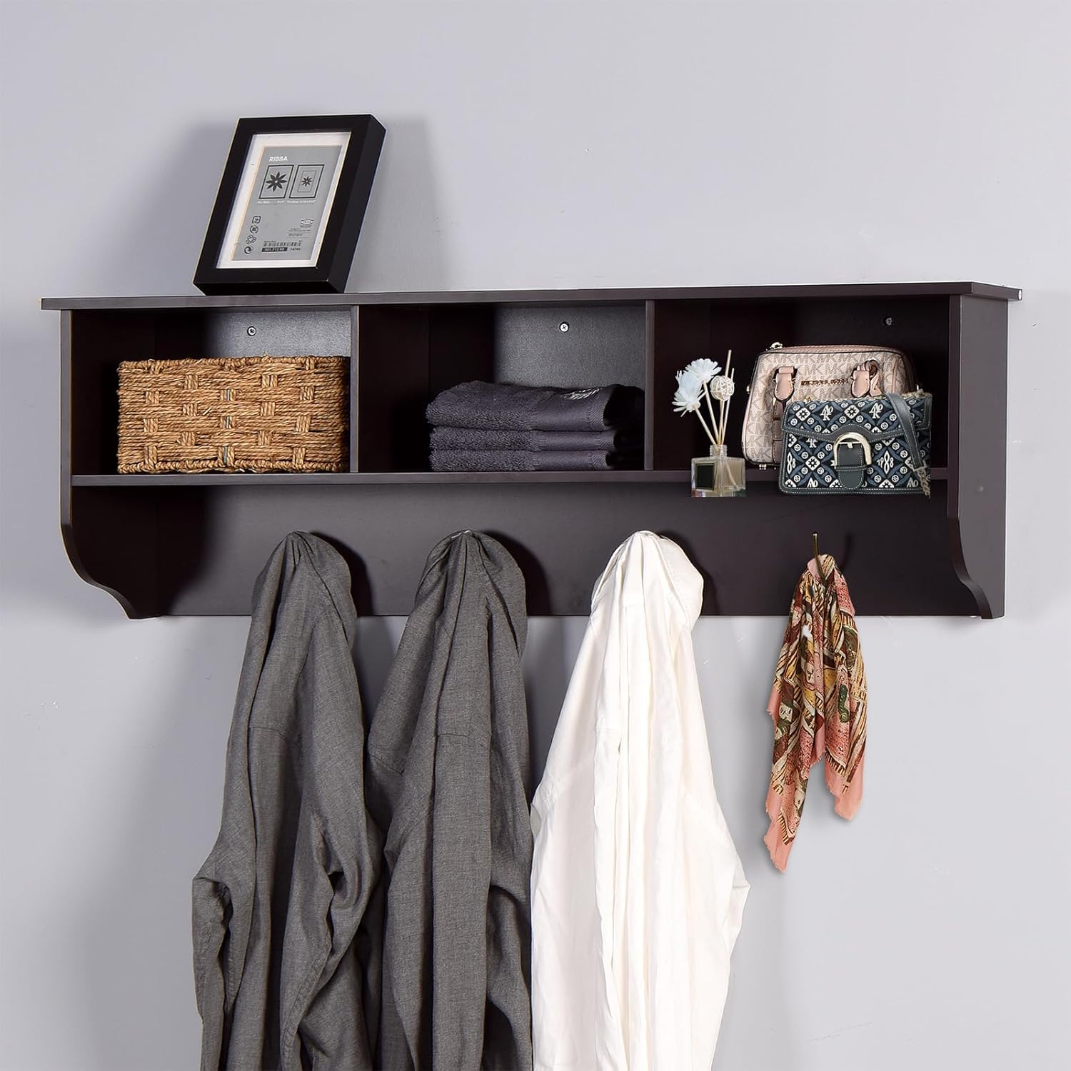 Wall Hooks with Storage Shelf Wooden Coat Rack Wall Mount with 4 Dual Hooks Entryway Hanging Shelf Backpack Key Clothes Hats Umbrellas, White