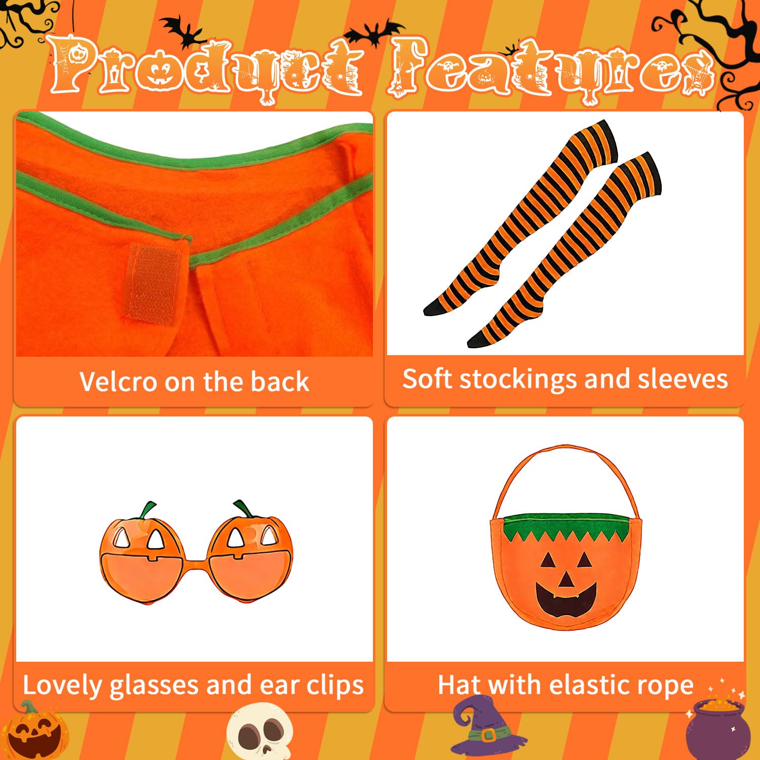 Everpwr Halloween Pumpkin Costume Set for Adults Women, 5 PCS Fancy Dress with Pumpkin Outfit, Hat, Glasses - Image 3