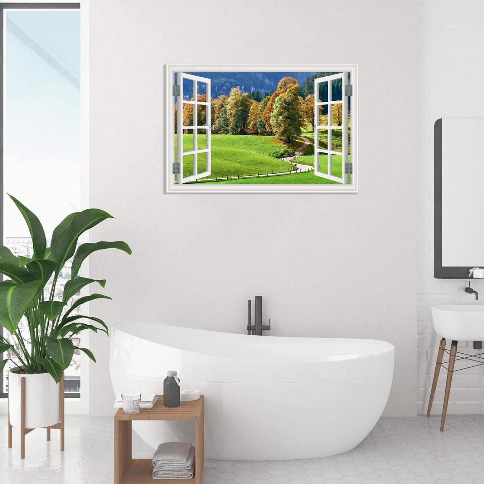 MOBYAT Wald-Wandaufkleber,3D-Kunstfenster,Bäume im Herbst,Naturlandschaft,Kunstfenster für Schlafzimmer,Wohnzimmer,Büro,Dekoration,105x70cm(41x28 Zoll) rahmenlos