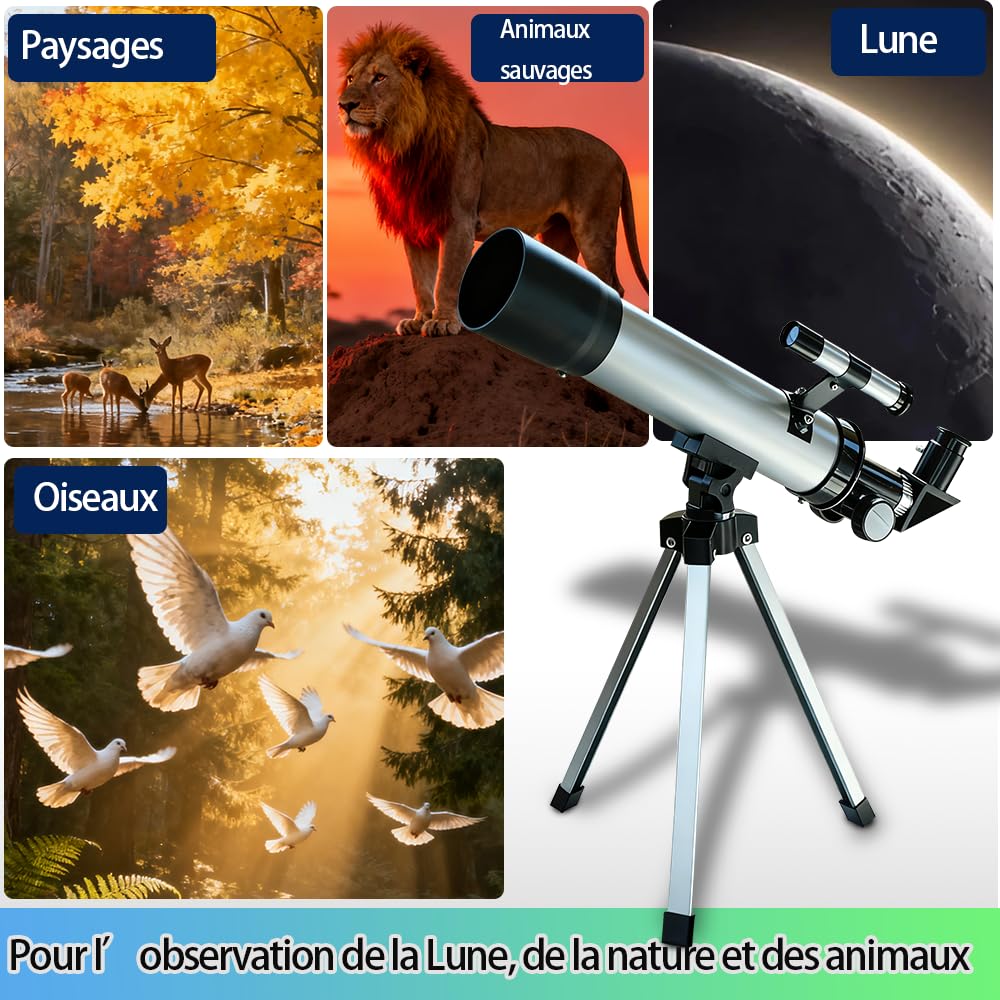 Télescope pour Enfants 50mm 100x Magnification Débutant Argent Telescopio avec Trépied, 2 Oculaires, Lunette de Visée, Ensemble Éducatif STEM pour l'Astronomie - Cadeau de Noël pour Garçons & Filles