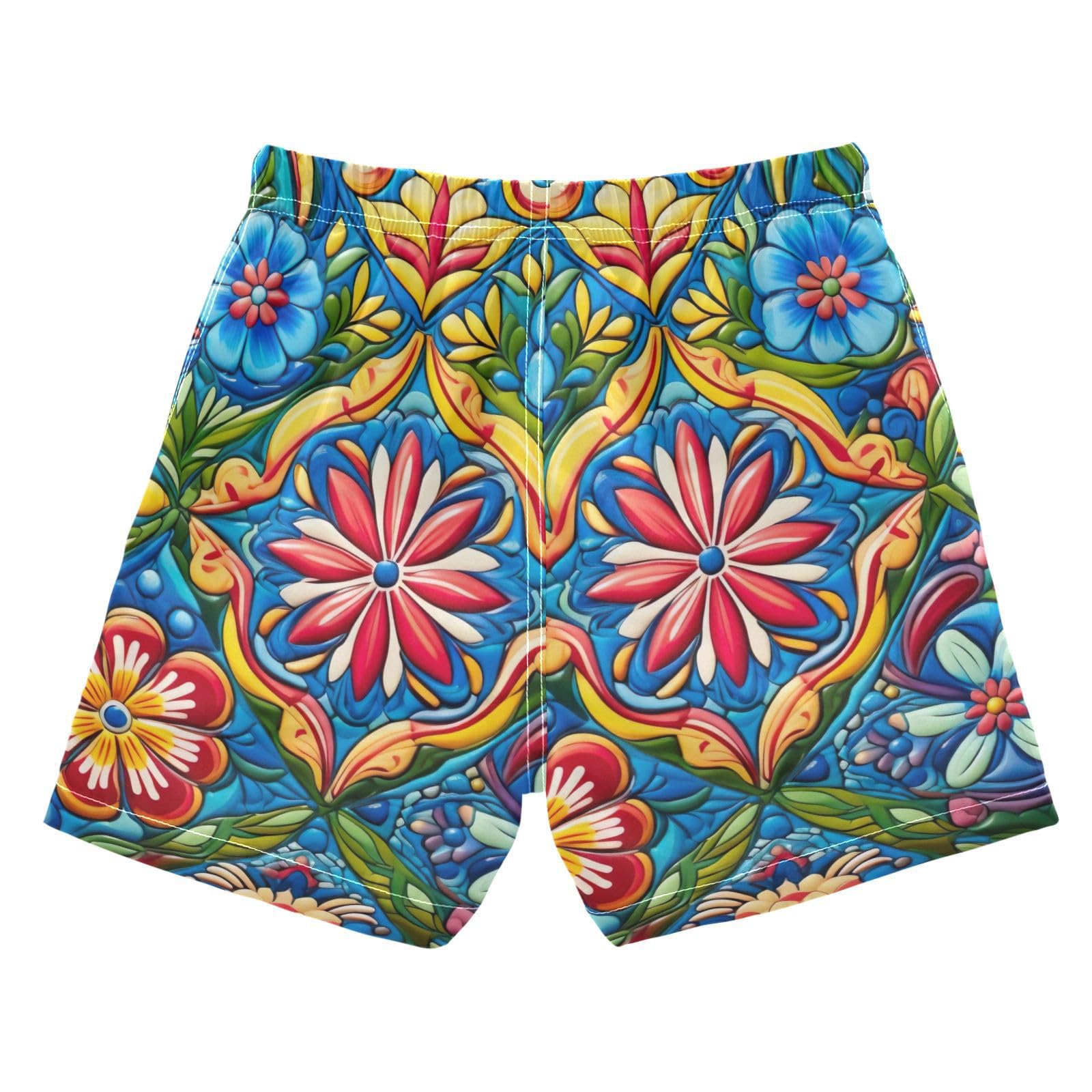 FLildon Mexican Floral Ceramic Tile Boys Swim Trunks with Mesh Lining Quick Dry Beach Board Shorts, 4T