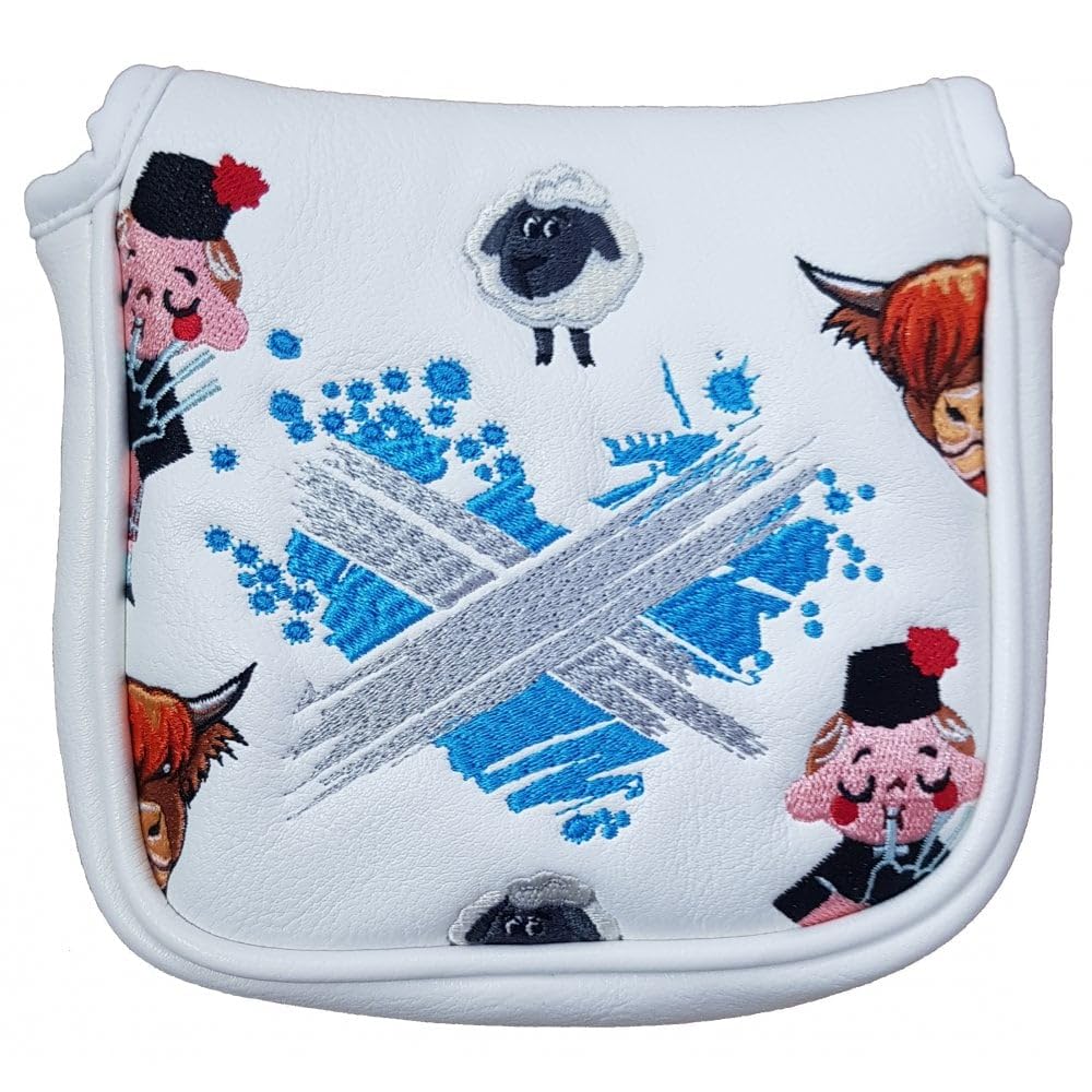 Scotland White Blade Putter Cover - St Andrews, Highland Cow Bagpipes (Mallet Putter Cover)