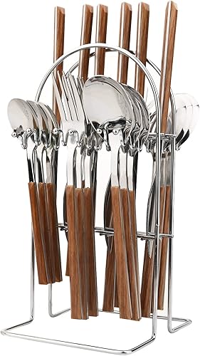Miniatura 8 de Snplowum Juego de cubiertos de 24 piezas con soporte, utensilios de acero inoxidable con mango negro, un juego completo de cubiertos para la mayoría