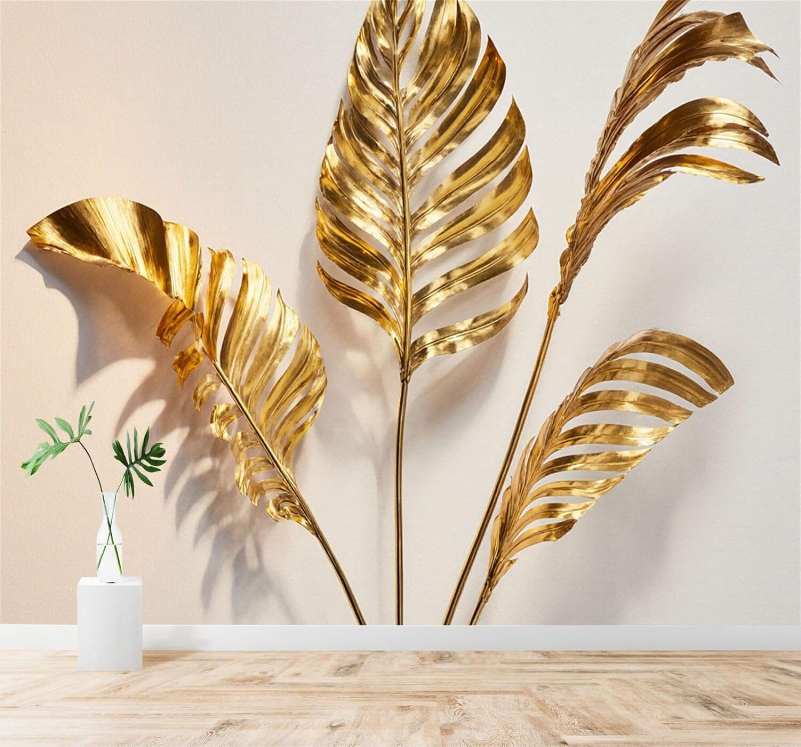 Xlming 400Cm×280Cm(B×H) Minimalist Three Dimensional Understated Luxury Gold Banana Leaves 3D Wallpaper Silky Texture Home Study Office Grey Dining Room Sofa Bedroom Living Room Tv Backdrop-400Cm×280Cm