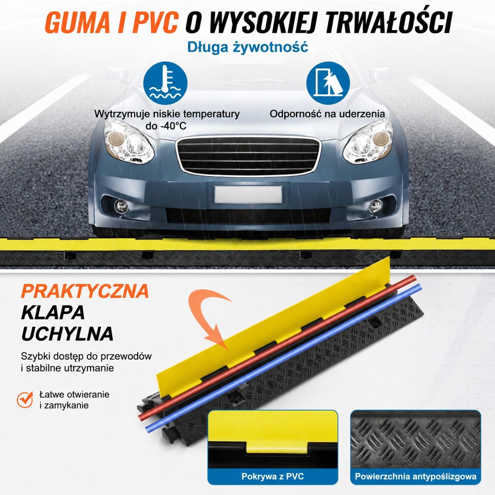 Rampa kablowa zestaw 5 sztuk, 2 kanały, czarno żółta, guma i PVC, do parkingu i prowadzenia kabli