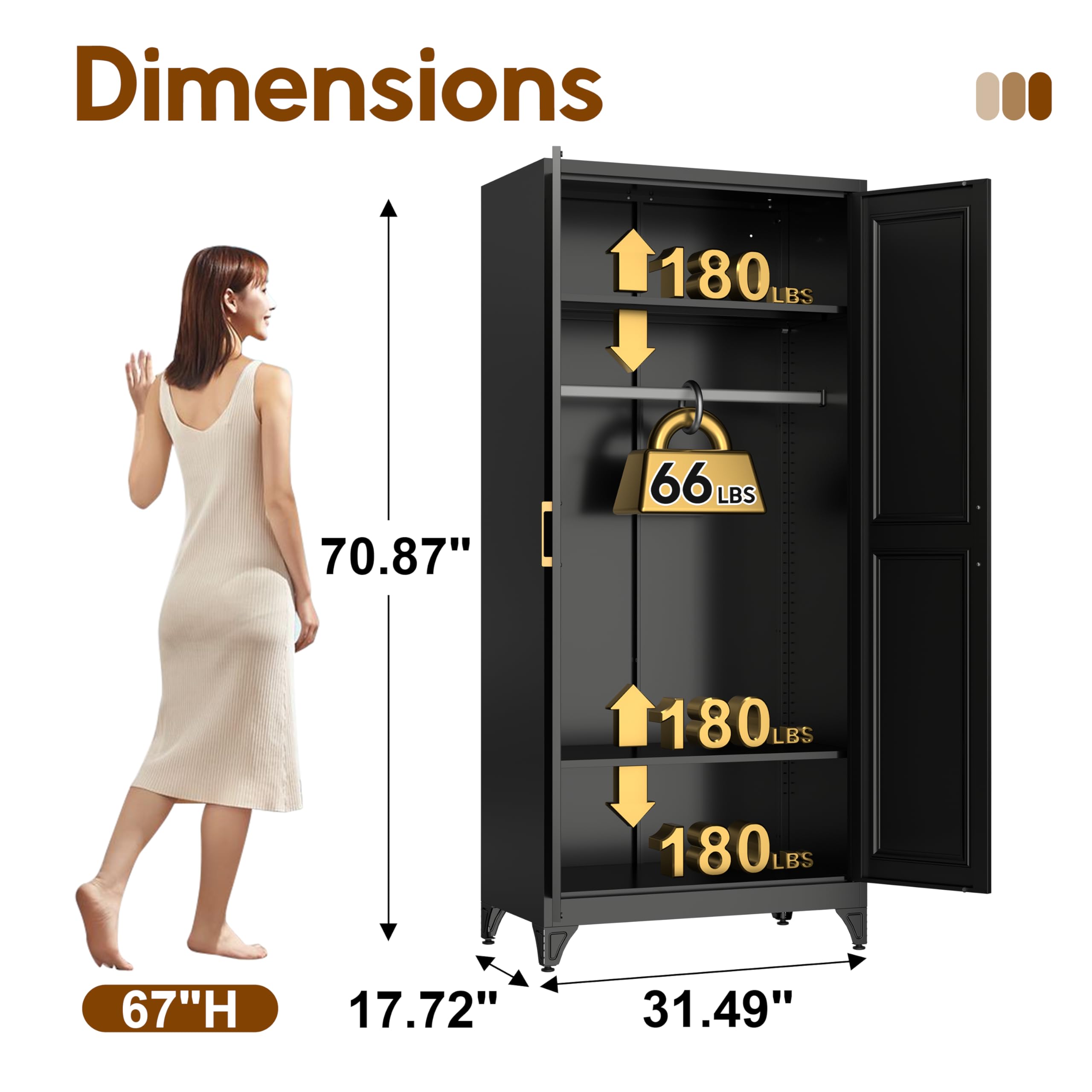 UNICOLY Armoire Wardrobe Closet with Doors, 71'' Wardrobe Cabinet with Hanging Rod, Metal Closet with 2 Adjustable Shelves for Bedroom School, Employee, Gym, Armarios De Ropa para Dormitorio, Black