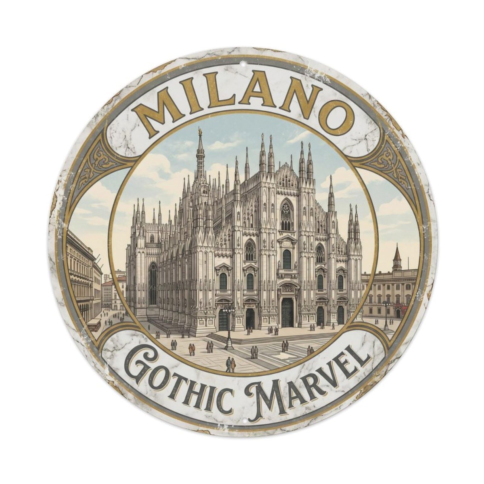 Gtthok Vintage Style-6 Vintage Travel Milan Duomo Cathedral Metal Tin Sign Plaque Wall Decor For Cafe, Club, Garden Round Metal Poster 8X8inch