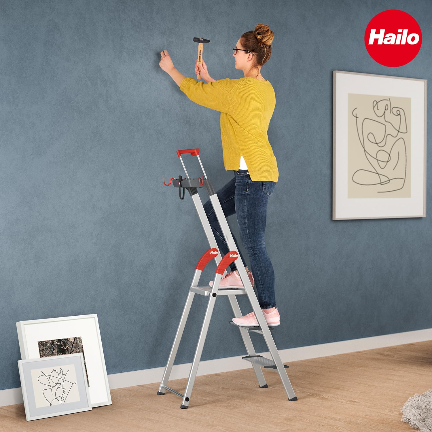 Hailo L84 ComfortLine Alu-Sicherheits-Stehleiter 5 XXL-Stufen 150 kg Tiefe Standfläche Haltegriff Ablage Aluleiter Made in Germany Silber