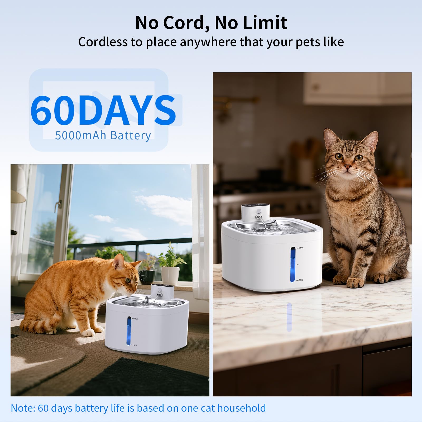 Wireless Cat Water Fountain, 118oz/3.5L Battery Operated Pet Water Dispenser with Stainless Steel Tray, Ultra Quiet Automatic Fountain with Motion Sensor for Cats Dogs (Cat Fountain+8Filters) - image 4