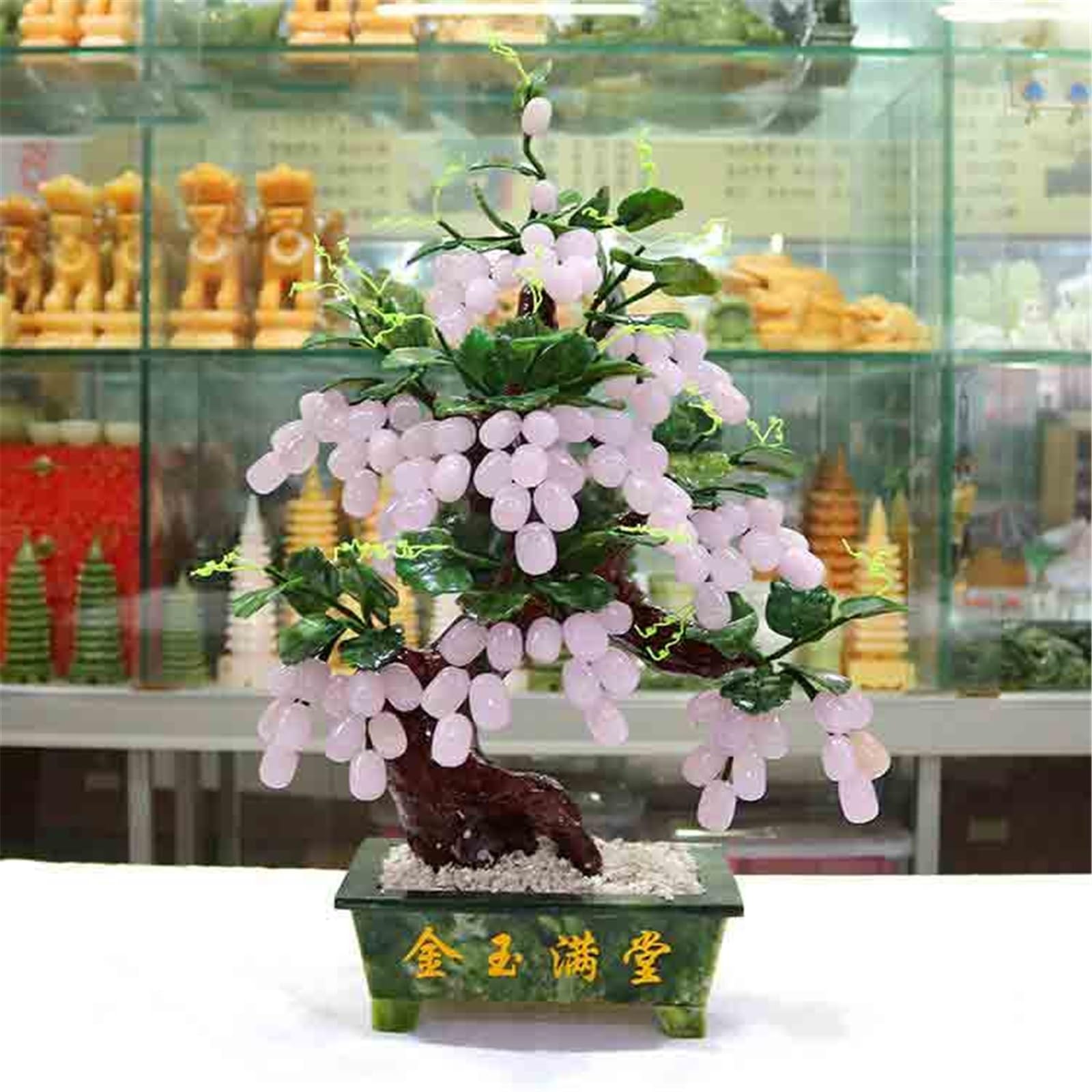 Pianta artificiale in vaso, bonsai artificiale, uva di giada, per ufficio, scrivania, casa, decorazione (verde)