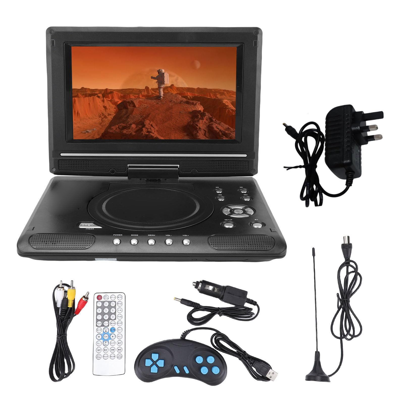 Jectse 9.8 Inch Portable DVD Player, Full HD 1080P Playback, Swivel Screen, Dual Speakers, Remote Car DVD Player Support USB Input AV Output Multiple Disc Formats, Black (UK Plug) UK Plug UK Plug