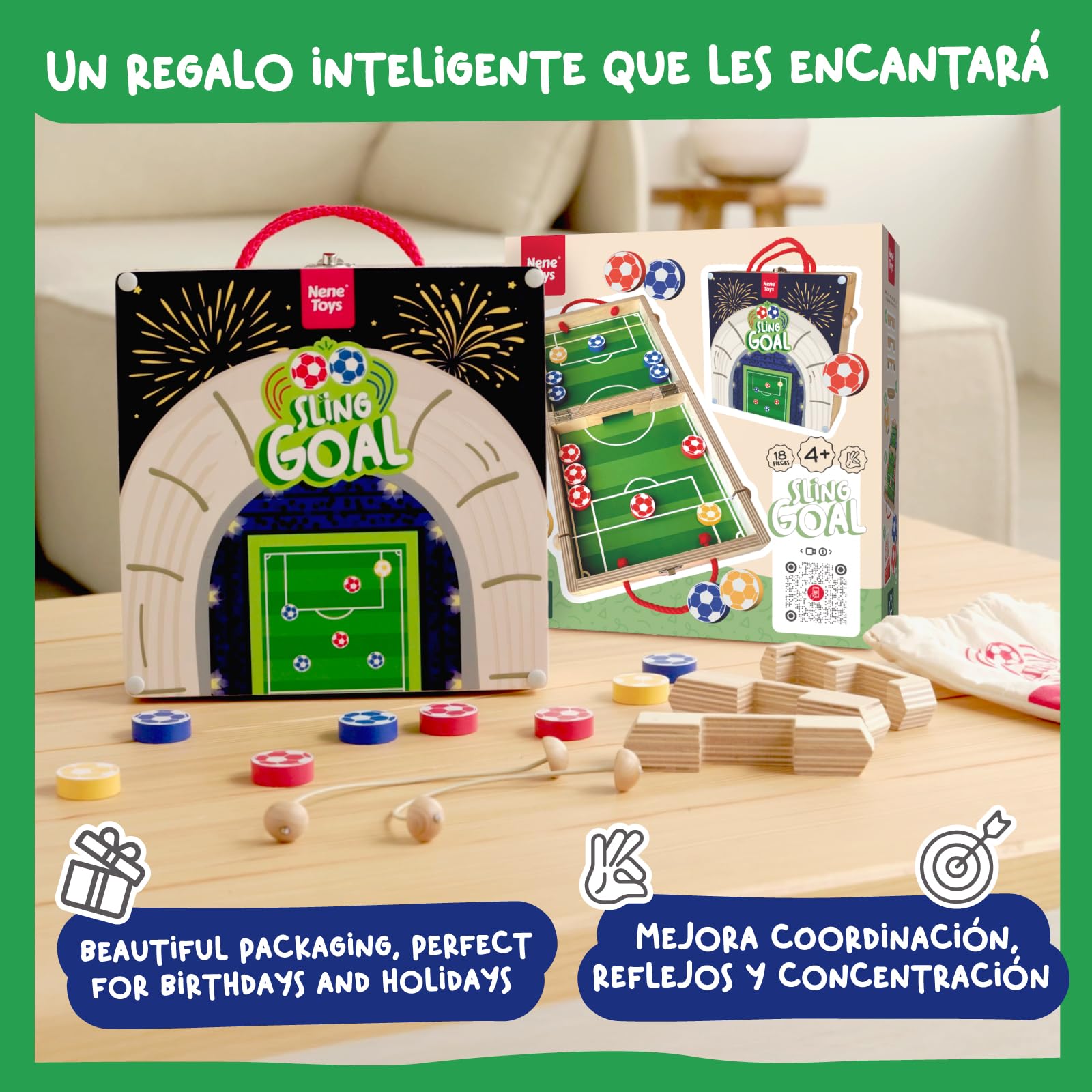 Nene Toys Sling Goal – Juego de Mesa Familiar Desde 4 Años para Niños y Adultos – Juguete en Madera para 2 Jugadores – Juego Infantil de Futbol para Viaje – Regalo Niños Niñas 4-12 Años