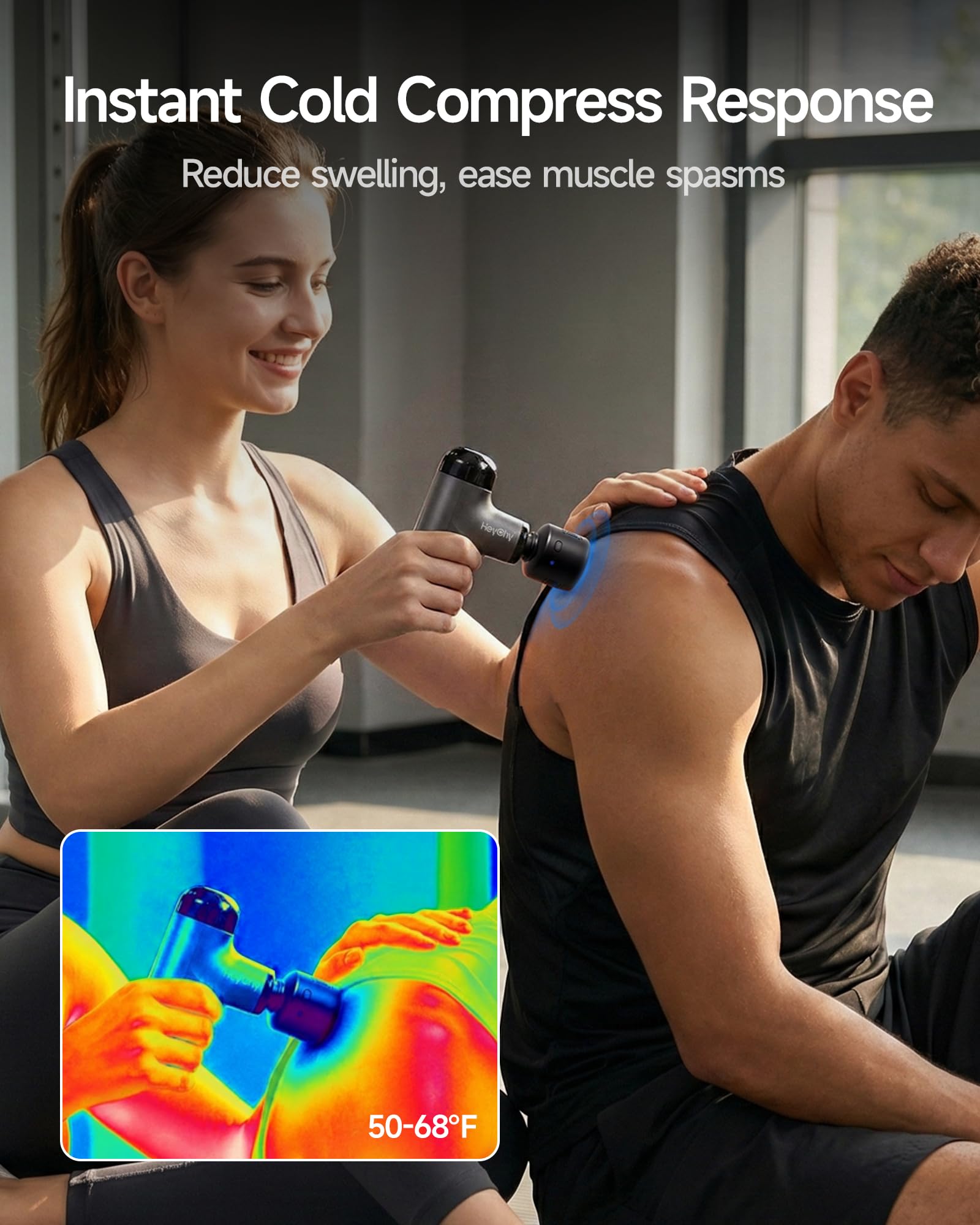 HEYCHY Mini pistola de masaje con calor y frío, masajeador muscular de percusión portátil con 4 cabezales de masaje para deportistas