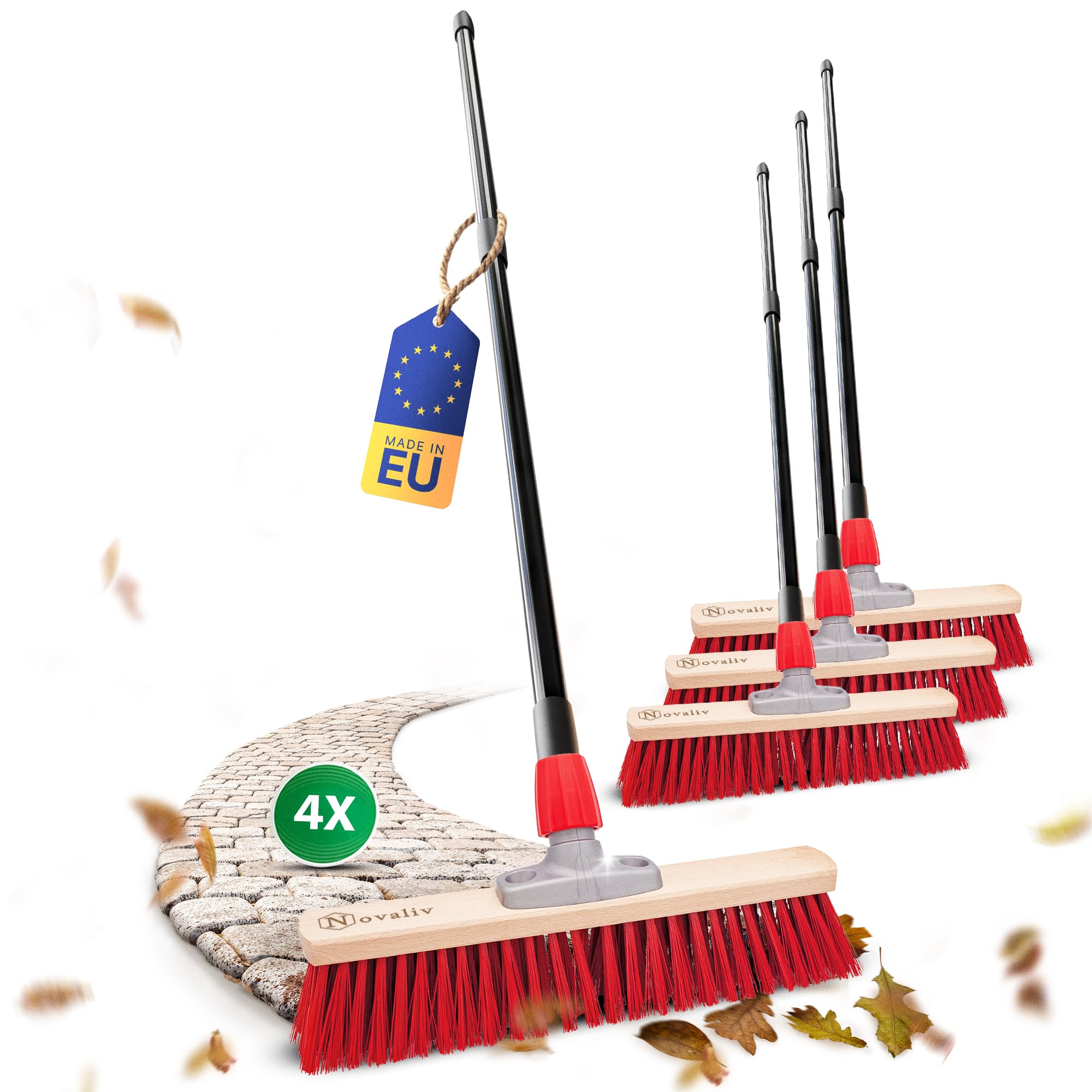 Novaliv 4 escobas de calle de 40 cm I con mango I Elaston rojo I mango telescópico I escoba para exterior I batidor industrial cepillo de jardín escoba multiusos
