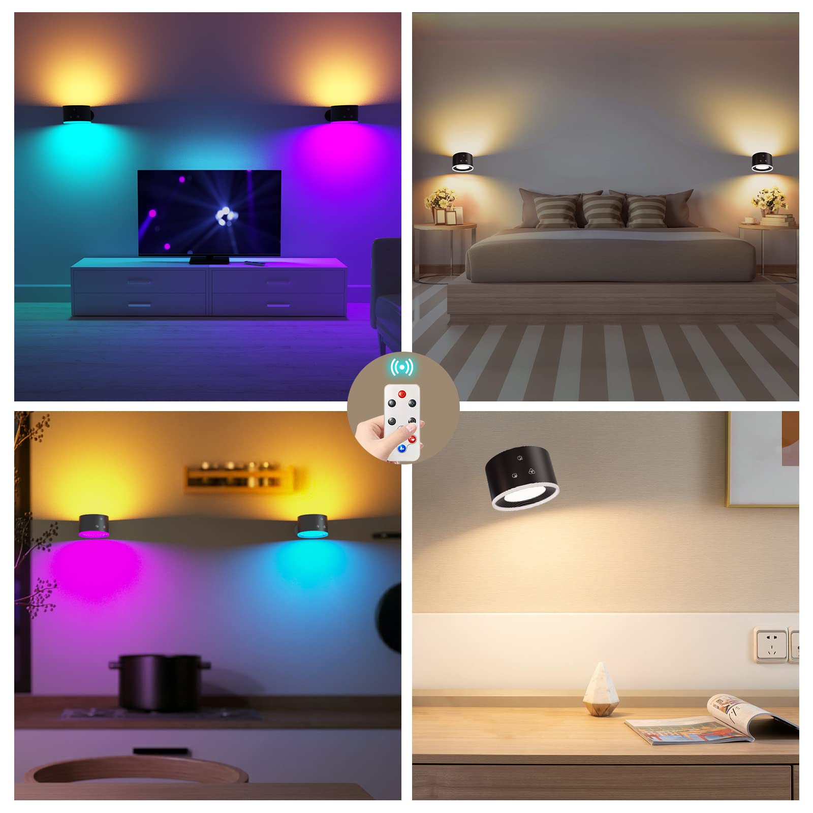 Coollamp Luci da parete a batteria, aplique pared interior con telecomando, 15 luci bianche calde d'ambiente RGB, 4 dimmer, rotazione a 360°, applique ricaricabile per camere da letto lettura