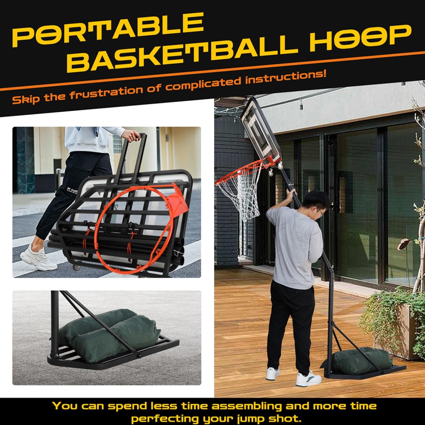 Canestro da basket portatile, supporto pieghevole regolabile in altezza per giochi all'aperto, uso scolastico in cortile