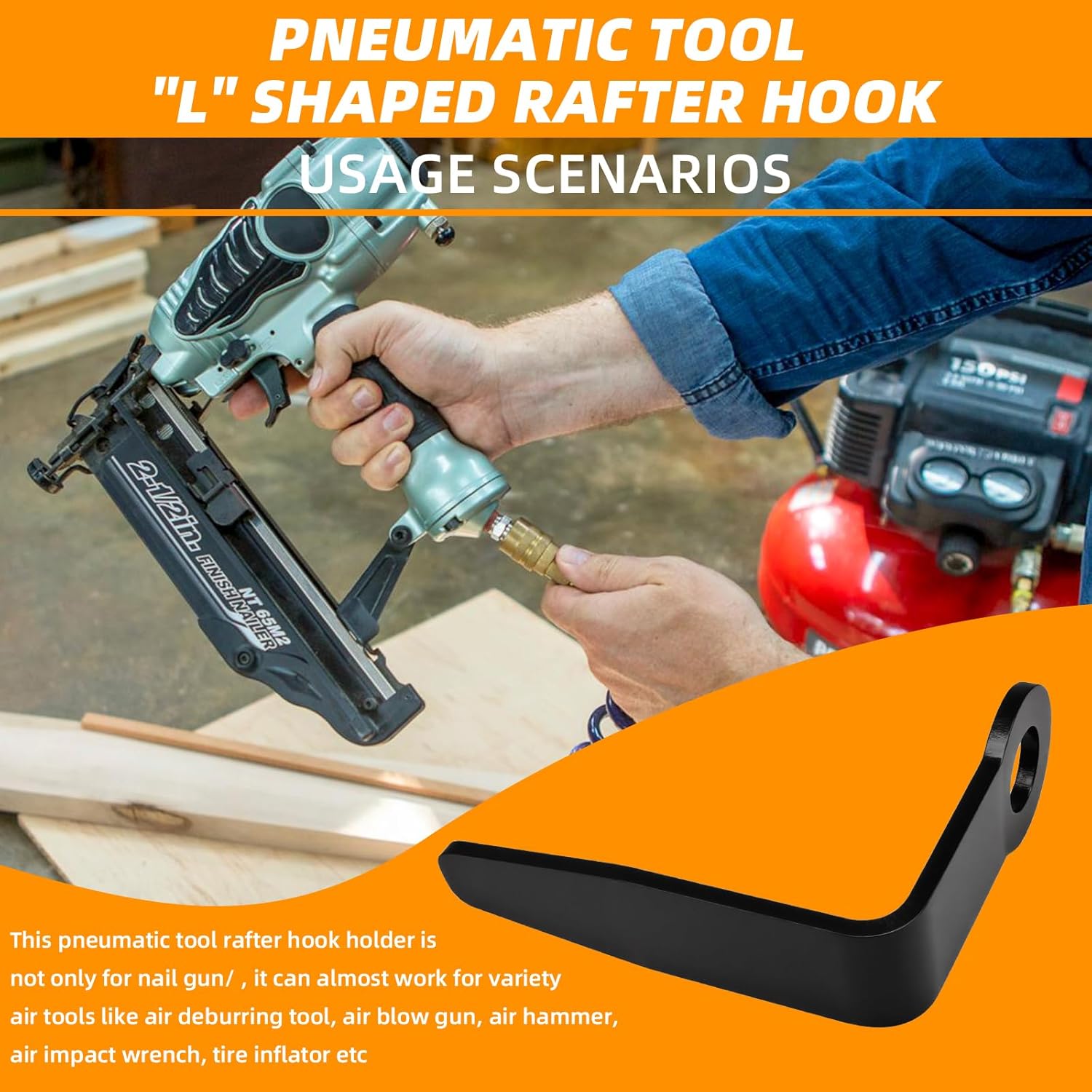 Pneumatic Tool Rafter Hook"L" Shaped For Senco PC0630 Hook Belt Nail Guns with 3/8" NPT Air Fitting (Aluminum)