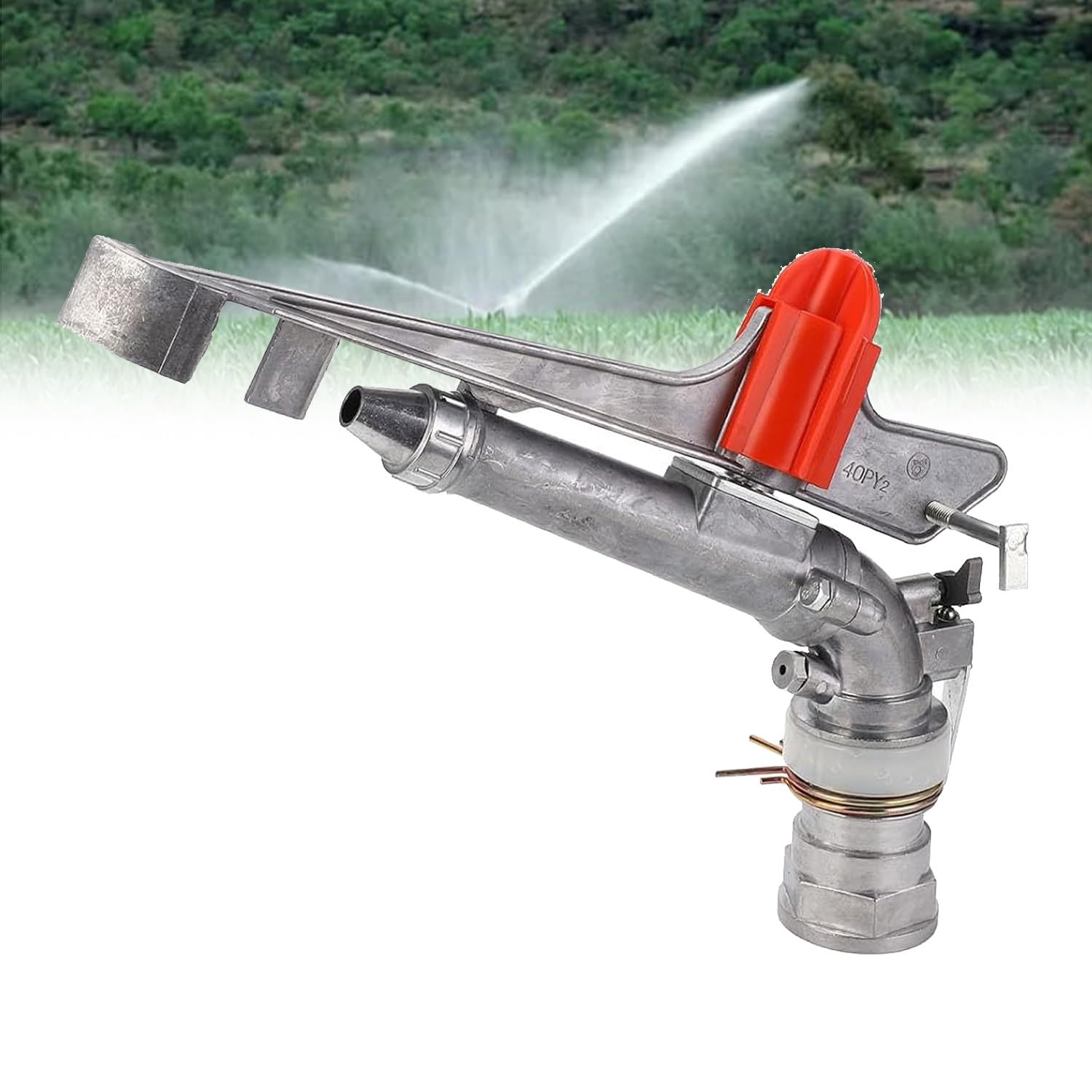 Pistola de riego agrícola con aspersor giratorio de 360° para un riego eficiente en granjas, huertos y jardines
