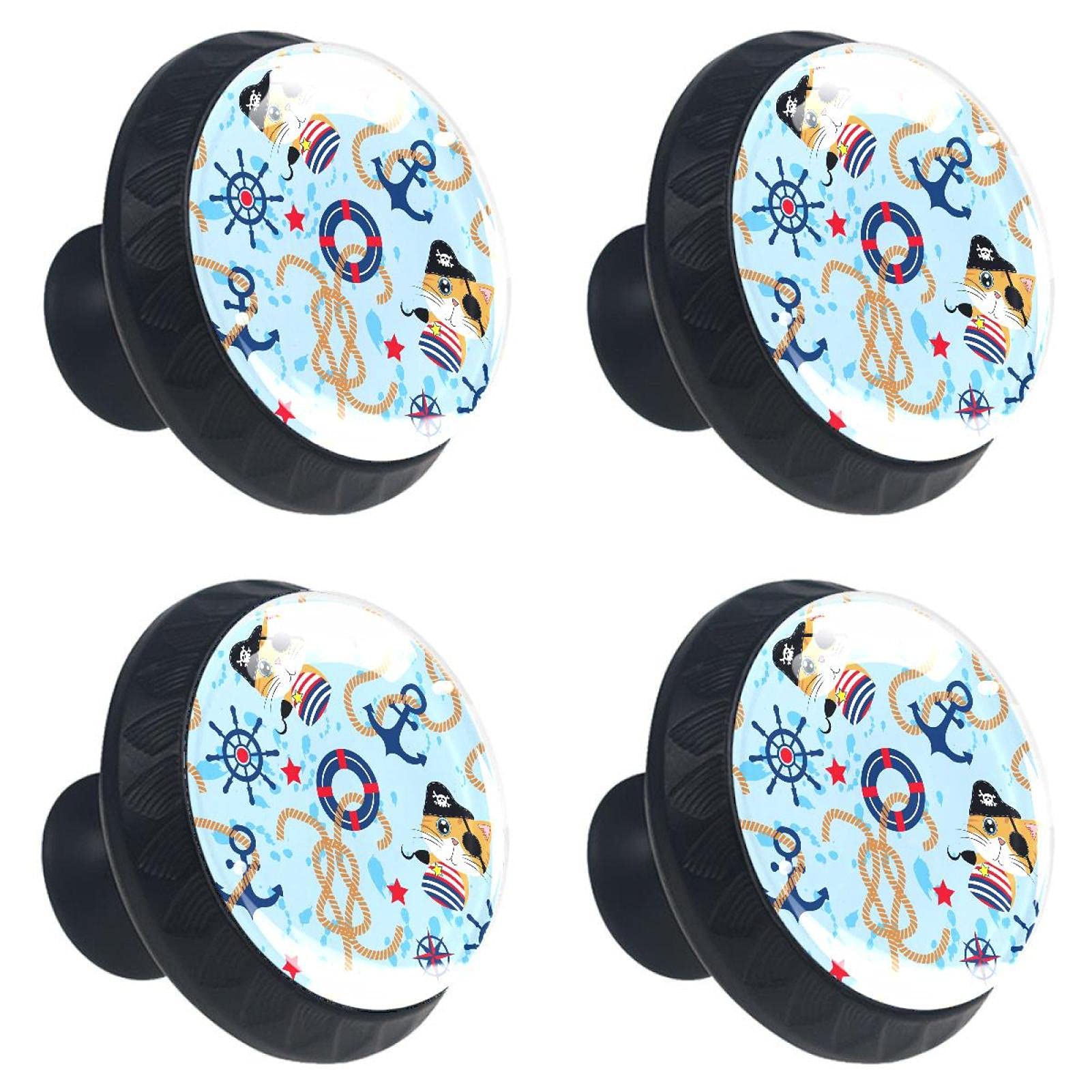 Boutons d'armoire amusants avec motif chat pirate et boussole marine