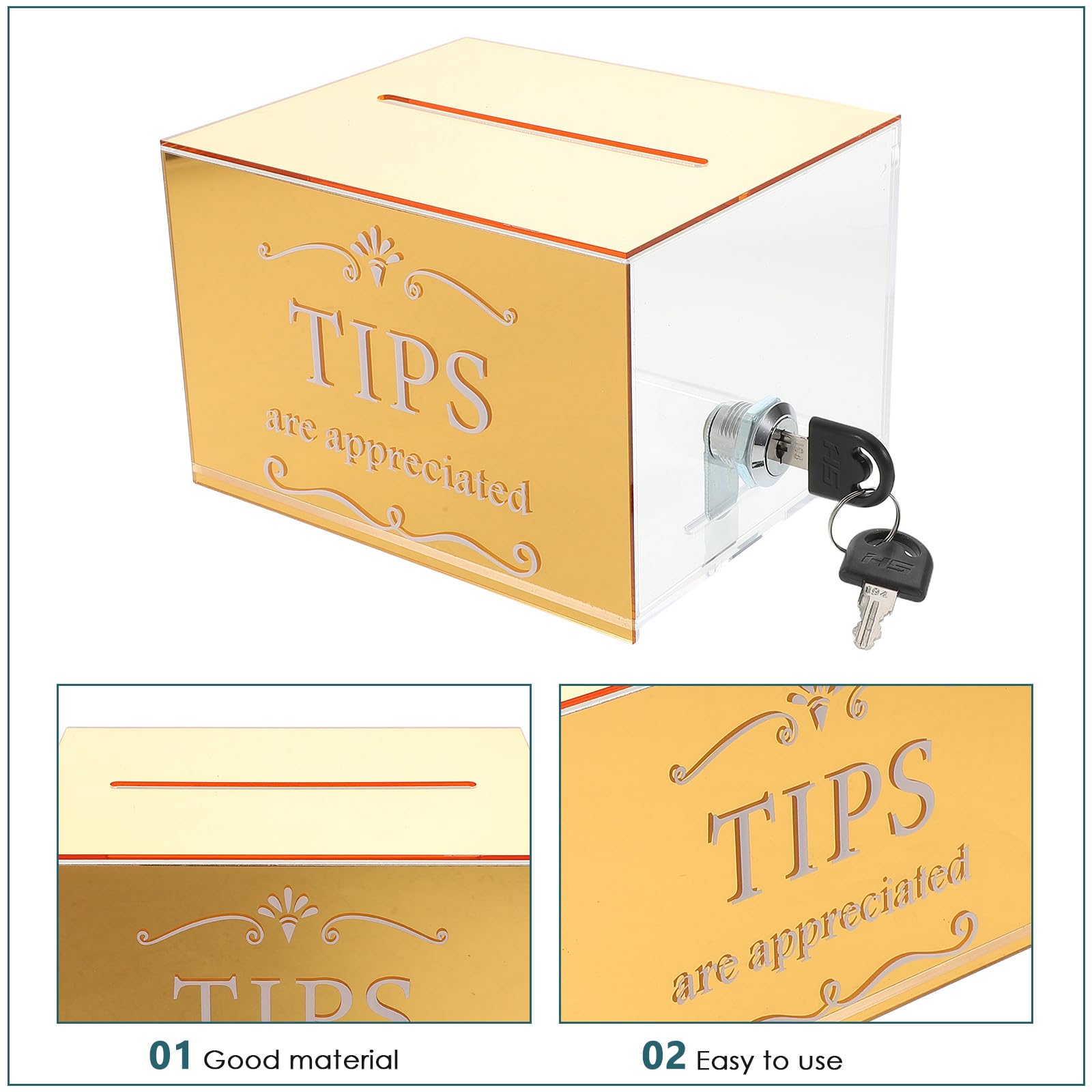 Housoutil Caja de Donaciones Diseño Versátil y Resistente con Cerradura de Acrílico Dorado Buzón Seguro para Propinas para Restaurantes y Eventos