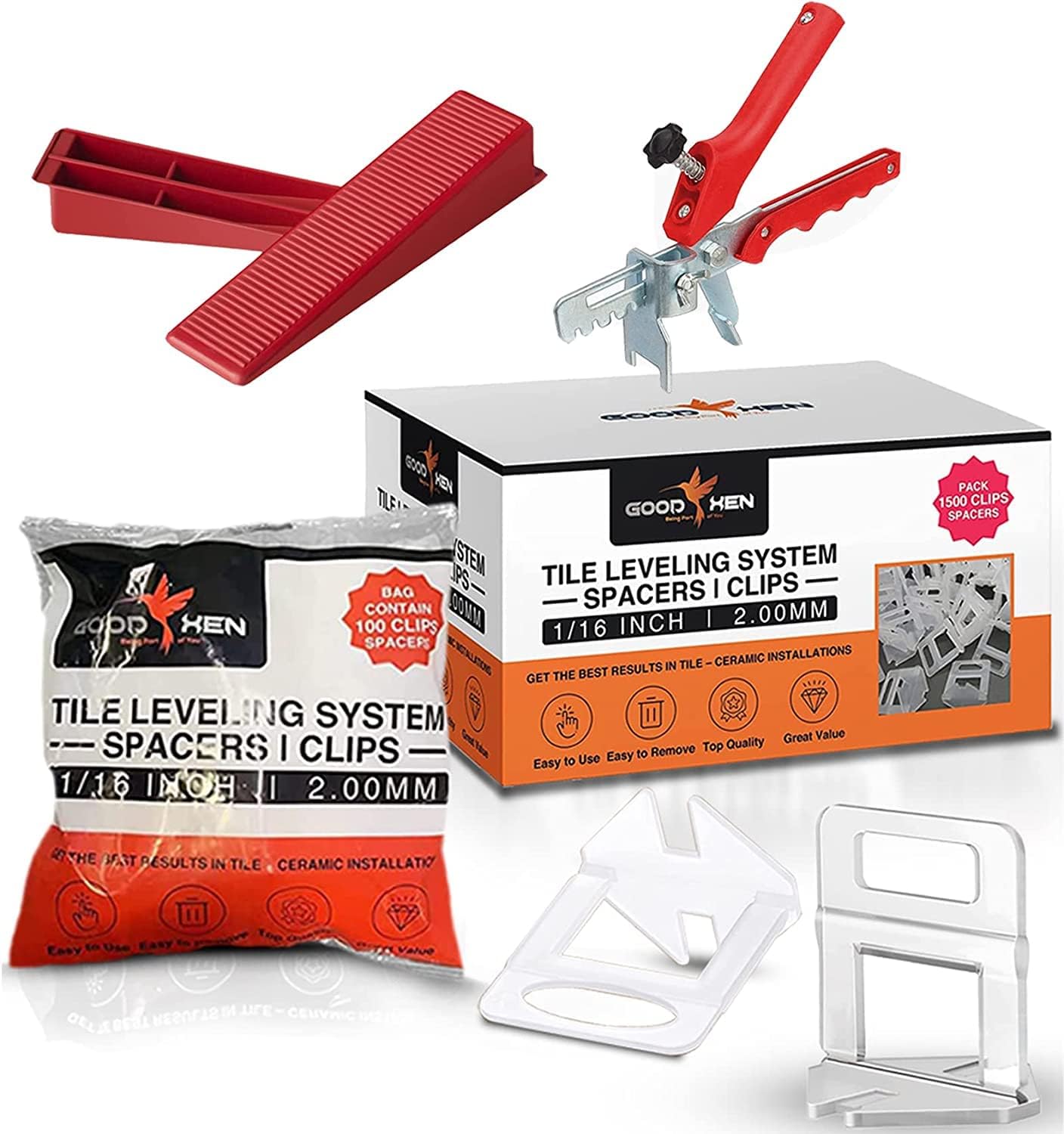 GOOD XEN Tile Leveling System – 1500 Tile Spacers 1/16'', 300 Wedges, and 1 Plier for Tile and Ceramic Installations - Tile Spacers Leveling System Set – Tile Tools for Tiling Installation. - - 
